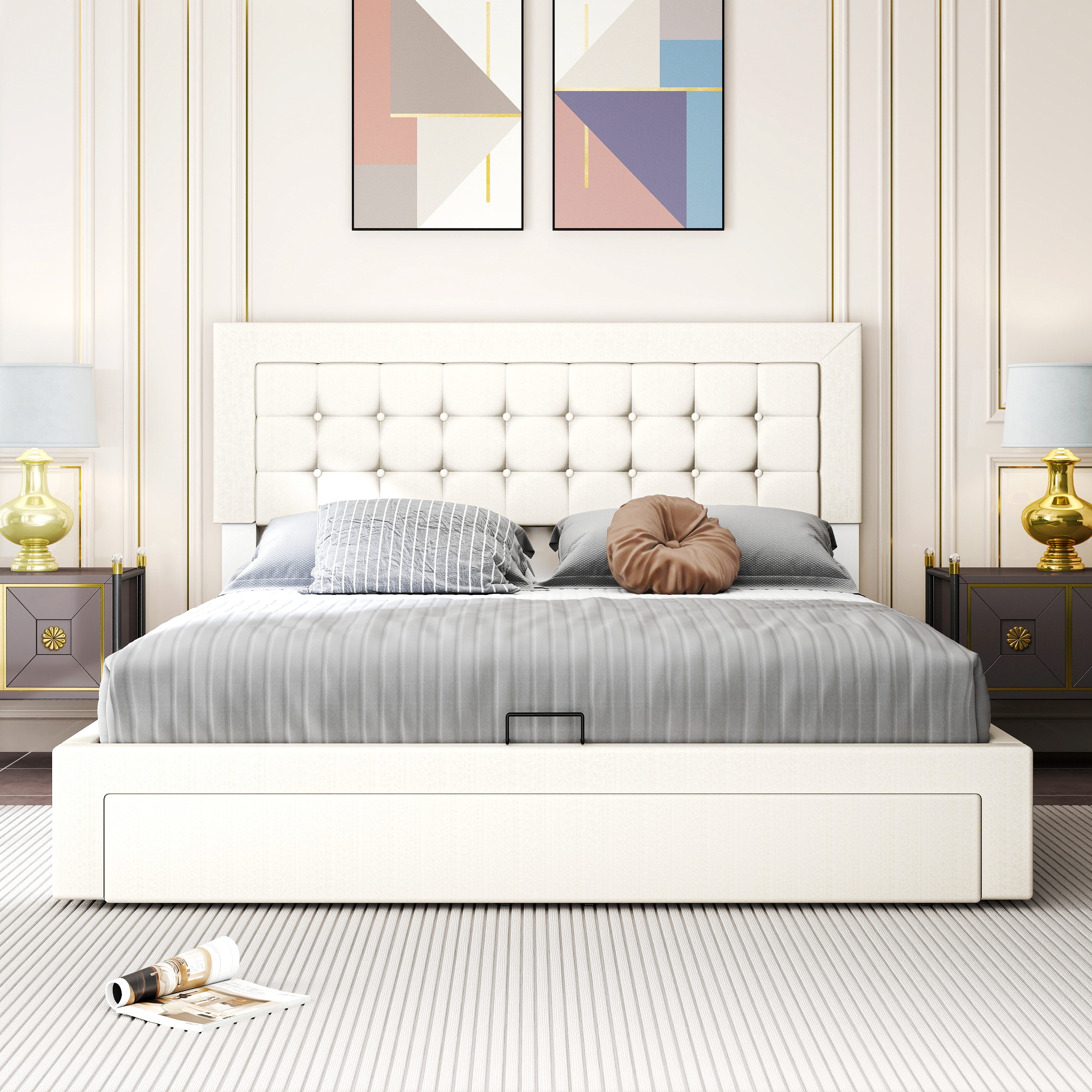 oyajia Polsterbett Doppelbett Polsterbett 140x200cm, Luftdruck anhebbarer Stauraumbett (Leinenmaterial Polsterbett mit Lattenrost und Luftdruckhebel), Modernes Jugendbett, Leises Design, Einfach zu montieren und stabil