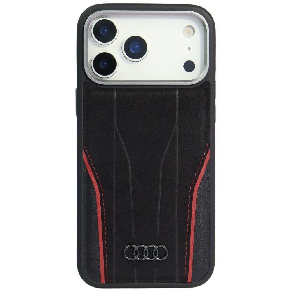Audi Handyhülle iPhone 17 Pro Max Echtleder R8 MagSafe schwarz rot Logo Metall 6,9 Zoll, Kantenschutz