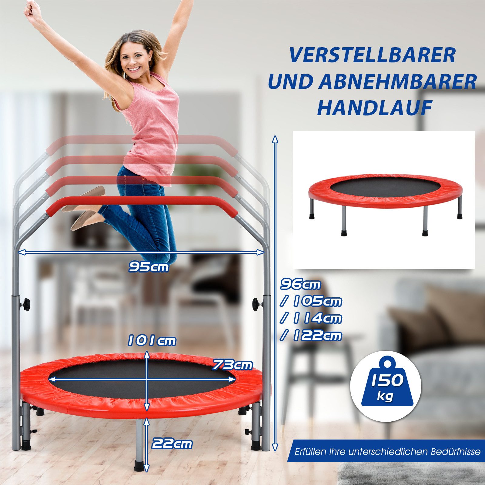 COSTWAY Fitnesstrampolin, Ø 101 cm, höhenverstellbarer Haltegriff, 150 kg