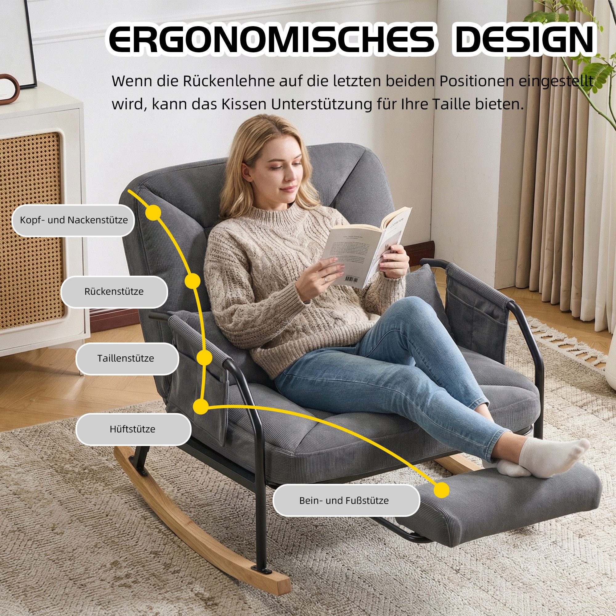 Vankel Schaukelstuhl Leawin großer Schaukelstuhl mit Liegefunktion & Fußstütze, Verstellbarer Relax-Schaukelstuhl mit breitem Sitz & Kissen