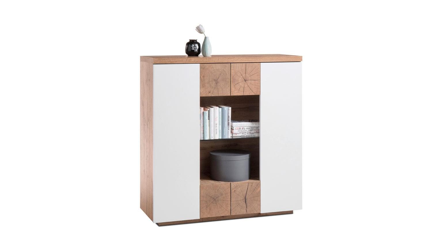 MCA living Highboard Highboard HELSINKI Kommode in weiß matt Lack und Eiche