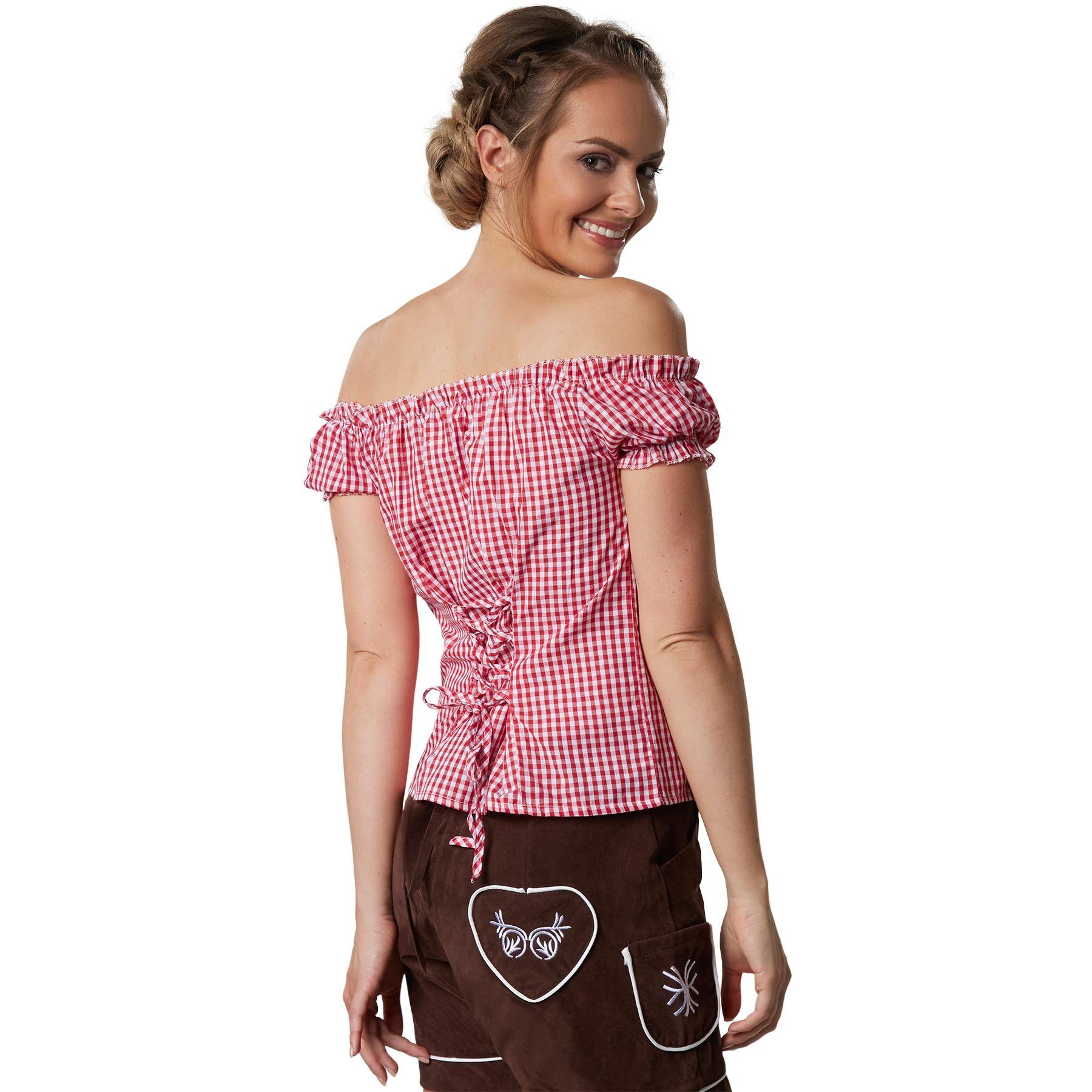 dressforfun Trachtenbluse Kurzärmelige Dirndlbluse aus reiner Baumwolle mit Carmen-Ausschnitt (Landhausbluse Hilde, in rot/weiß) Rüschen-Knopfleiste, Rückenschn – Bild 2 von 5