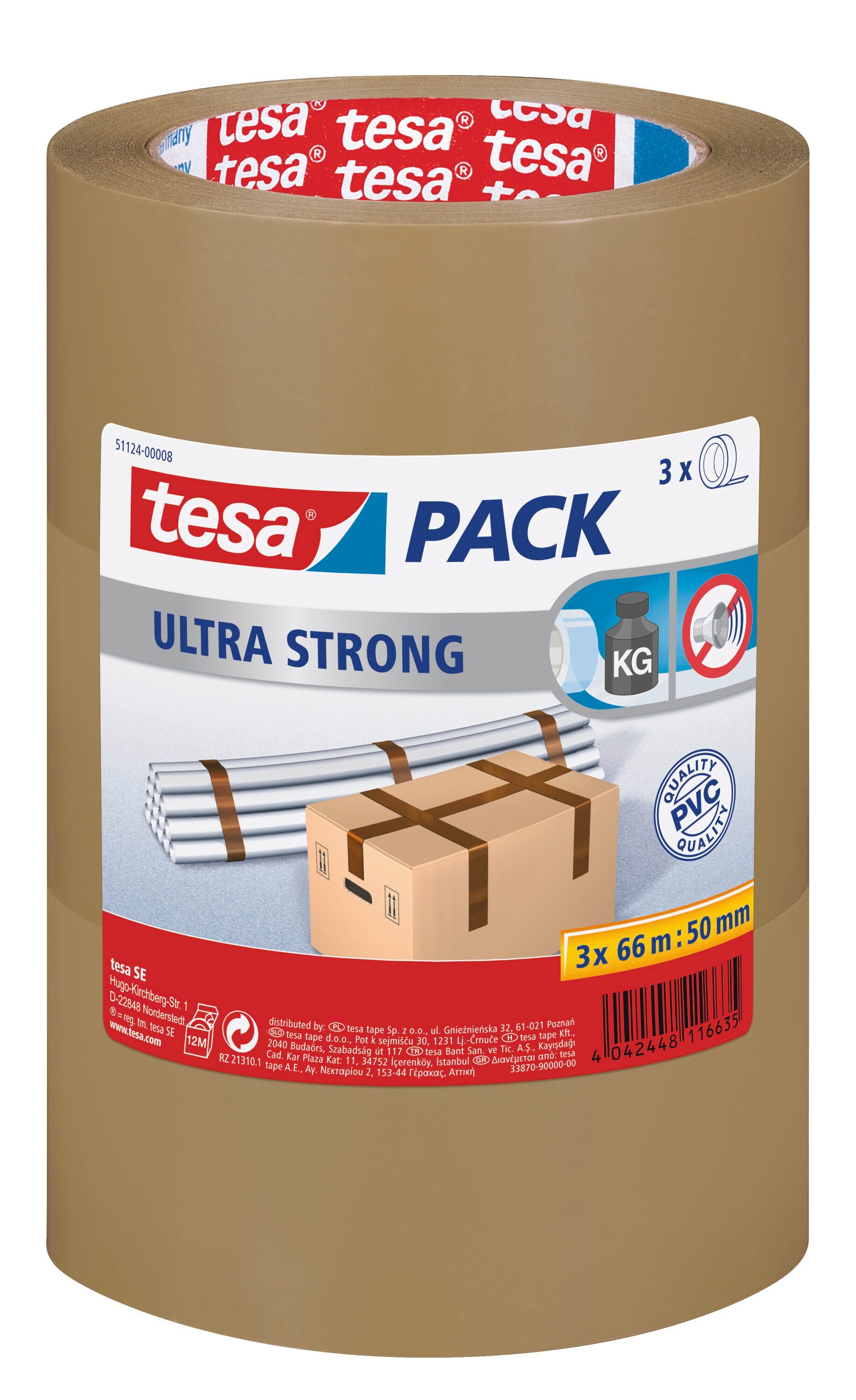 tesa Klebeband tesapack ULTRA STRONG extra starkes Paketklebeband (Spar-Set, 3-St) Packband - einfaches Verpacken & Verschließen - braun