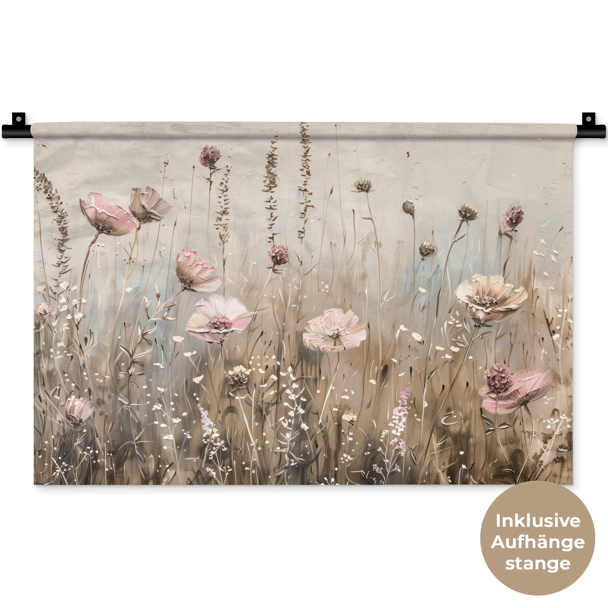 MuchoWow Wandteppich Blumen - Rosa - Modern - Beige, Rechteckig, Höhe: 3 mm, Wandteppich für Wohnzimmer, Schlafzimmer, 60x40 cm