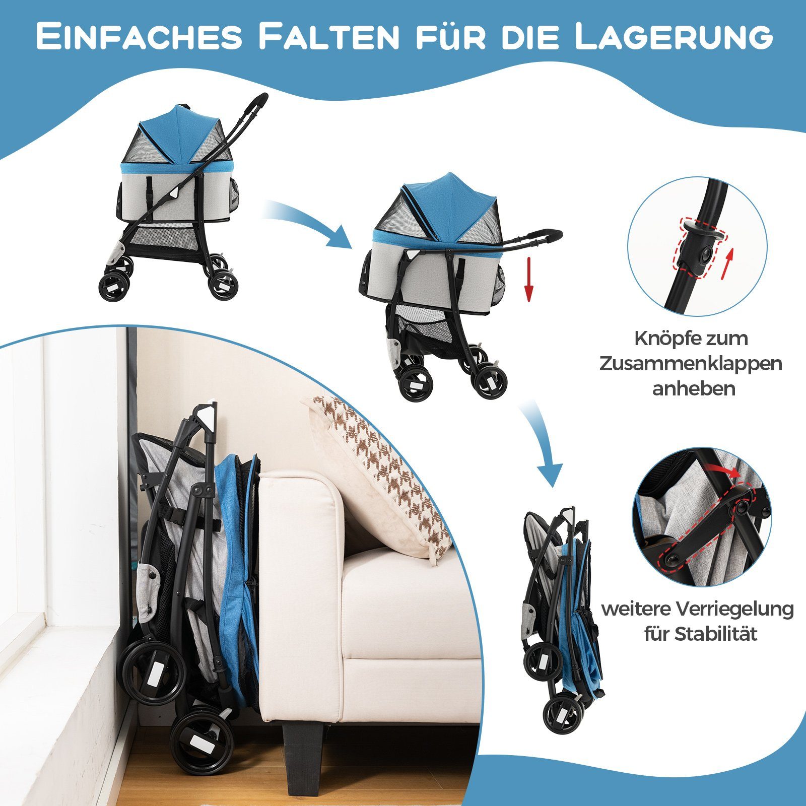 COSTWAY Hundebuggy Hundewagen, mit verstellbarem Vordach, 88 x 48 x 98cm