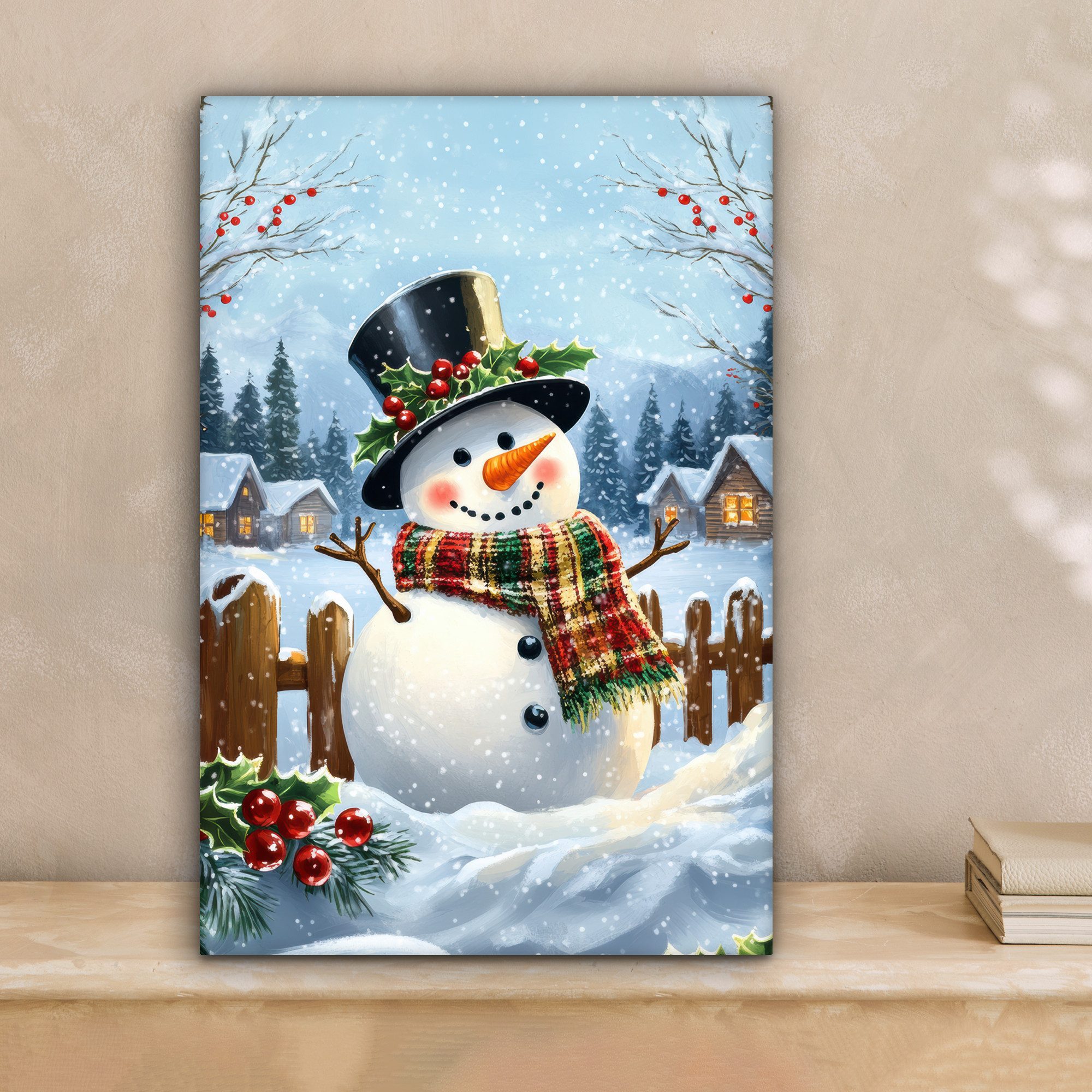 OneMillionCanvasses® Leinwandbild Schneemann - Winterdorf - Farbenfroh, Fot günstig online kaufen