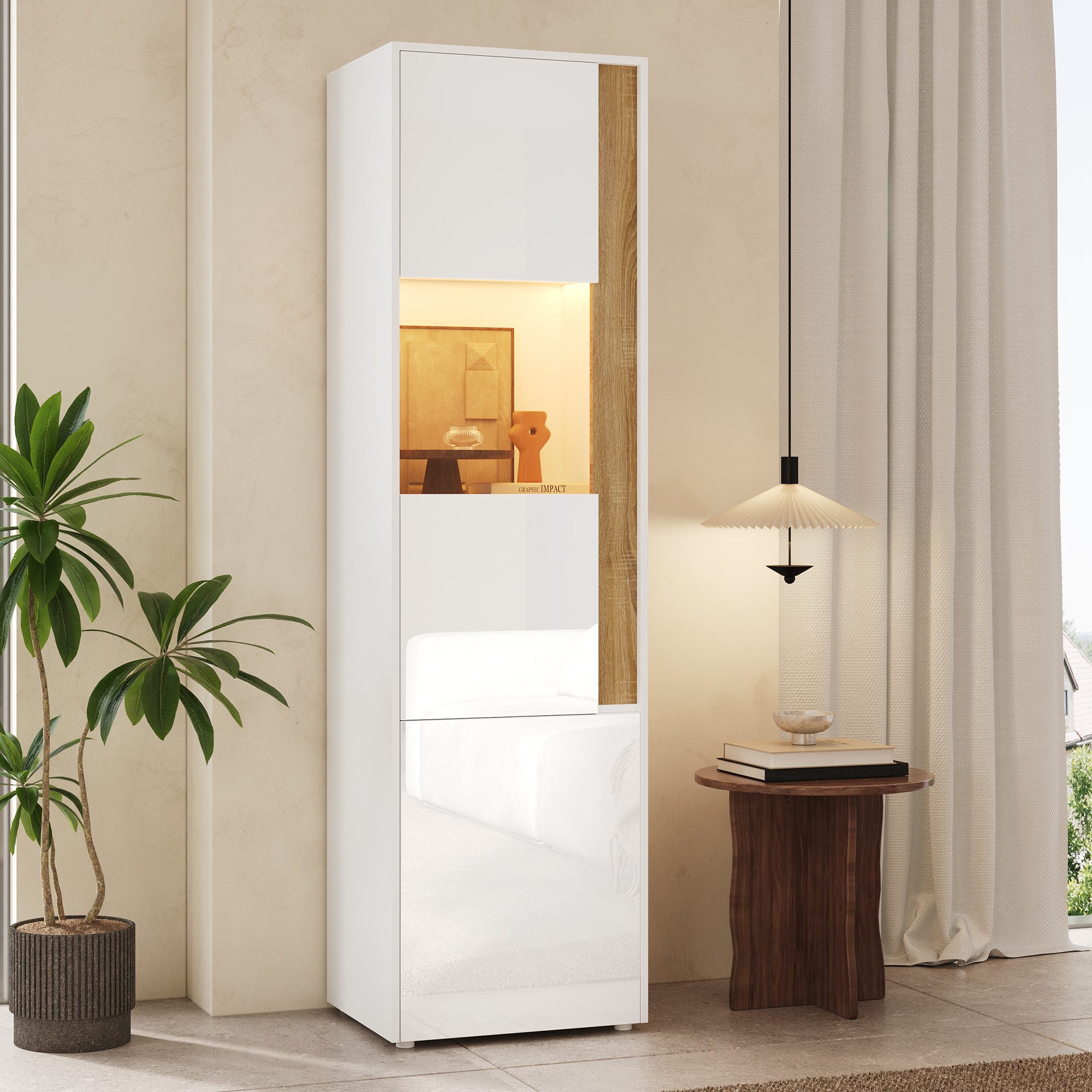 Merax Glasvitrine Vitrine mit LED-Beleuchtung, Hochschrank (1-St., mit 2 Türen (Acryl & geschlossen), Aufbewahrungsschrank) für Wohnzimmer, Büro und Küche