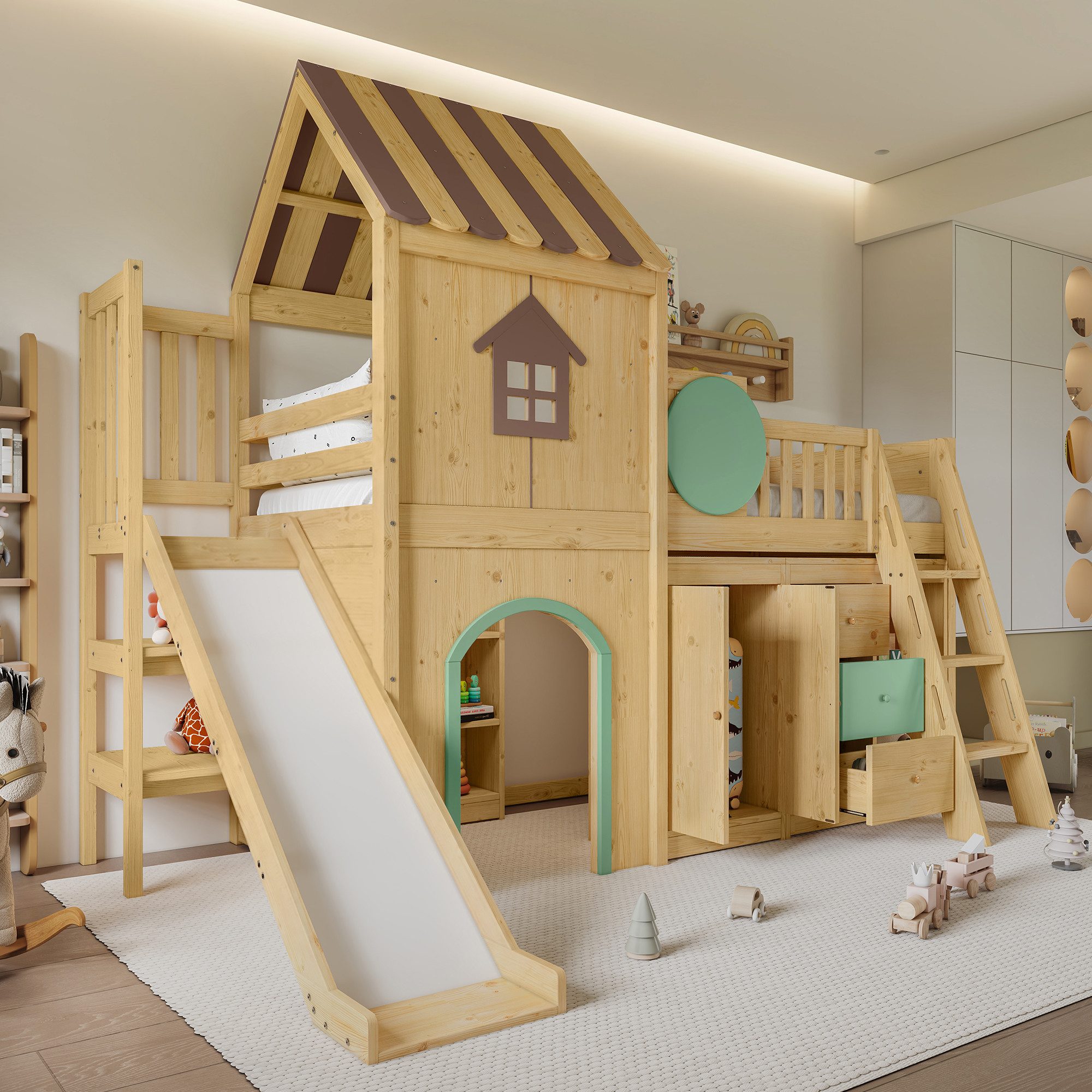 HAUSS SPOLE Hochbett 90×200 mit Rutsche,Kinderbett mit Ablagefächern & Kleiderschrank,Natur (Holzbett Einzelbett aus Grün und Naturholz mit Schubladenschrank, ohne Matratze) Hausbett Spielbett mit Rutsche und dreistufiger Treppe