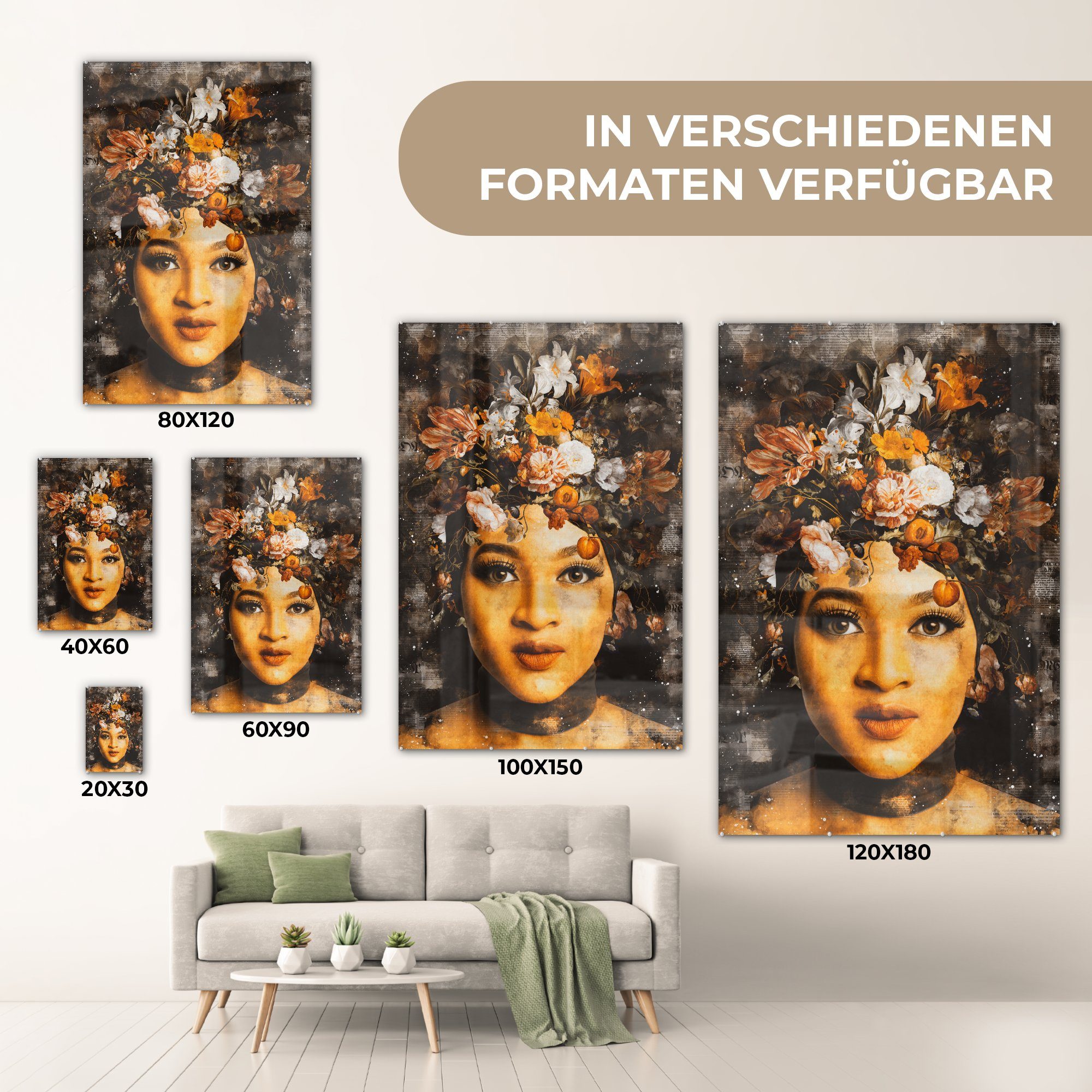 MuchoWow Acrylglasbild Frauen - (1 Bilder Wanddekoration - Blumen - Farbe, auf Glas - Glasbilder - Wandbild Glas Foto St), auf