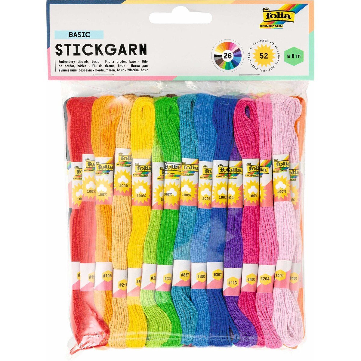 Folia Bastelfilz Bastelset Stickgarn - 52 Docken à 8 m 26 Farben sortiert.