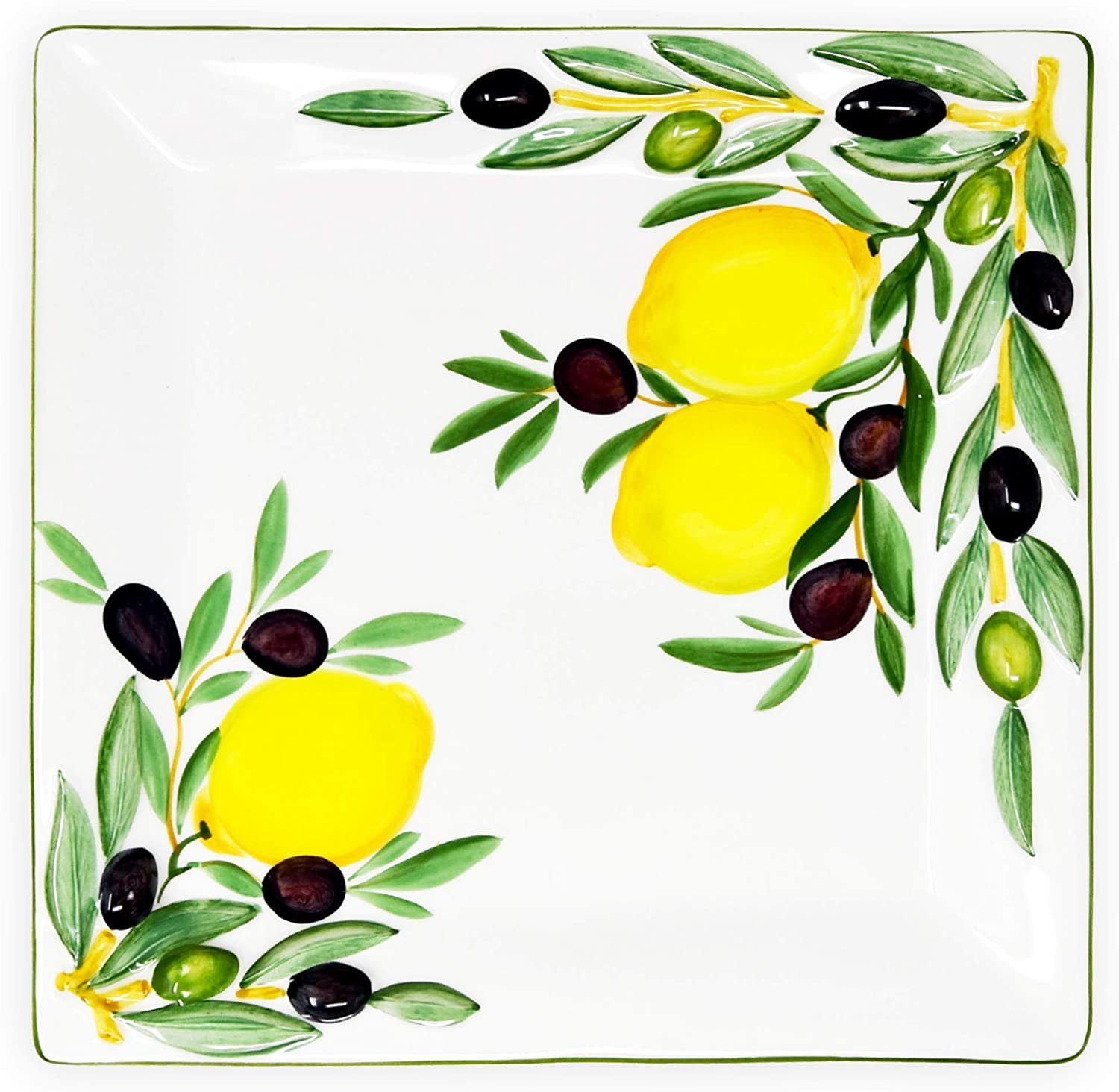 Lashuma Servierplatte Zitrone Olive, Keramik, (1-tlg., 27 x 27 cm), Quadratischer Obstteller mit Zitronen Oliven Design