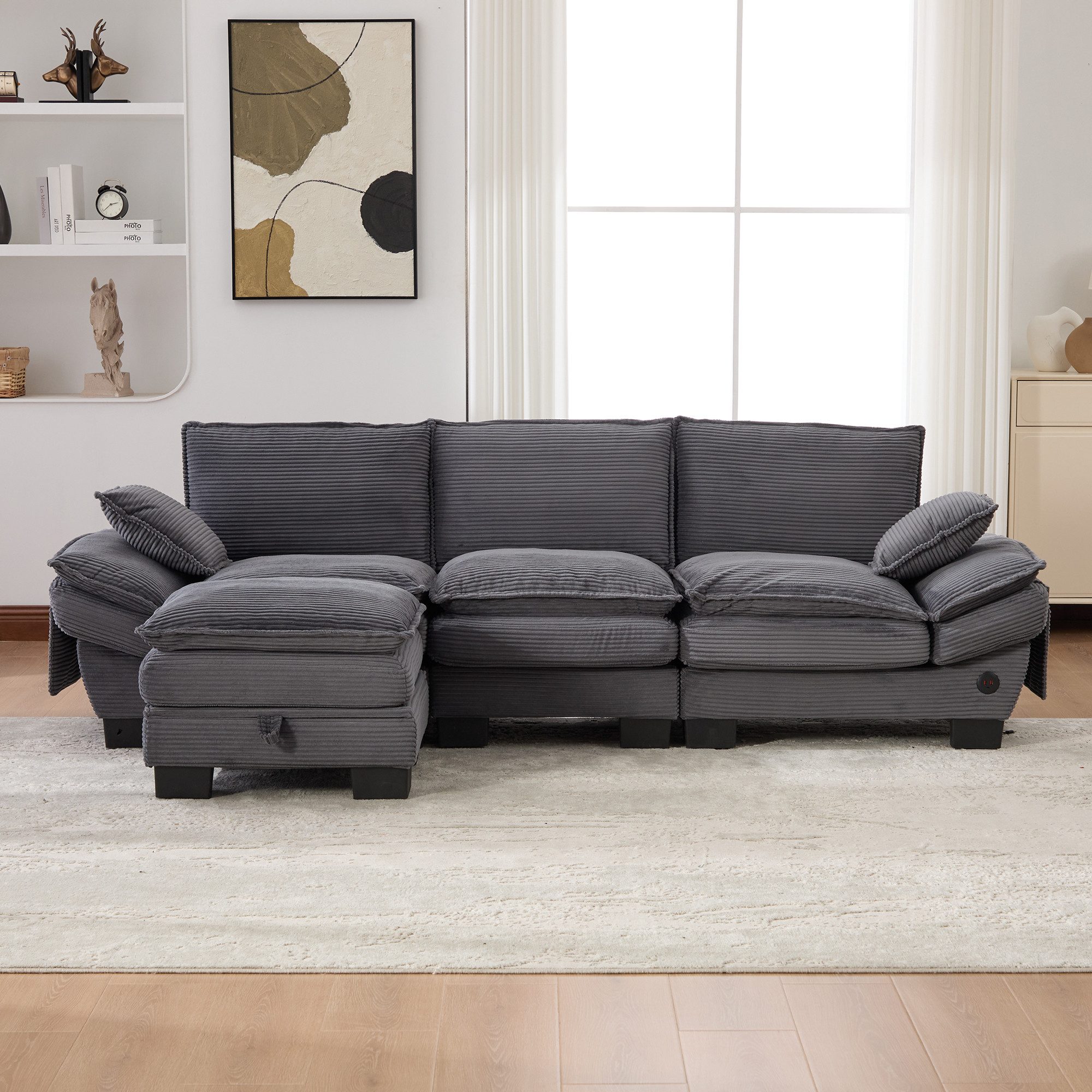HAUSS SPOLE Loungesofa 3-Sitzer Cordsofa mit einer Hocker,Relaxsofa Seitentaschen,Dunkelgrau, Relaxsofa aus hochwertige Corduroy-Stoff, Ideal für Wohnzimmer, Büro oder Lounge