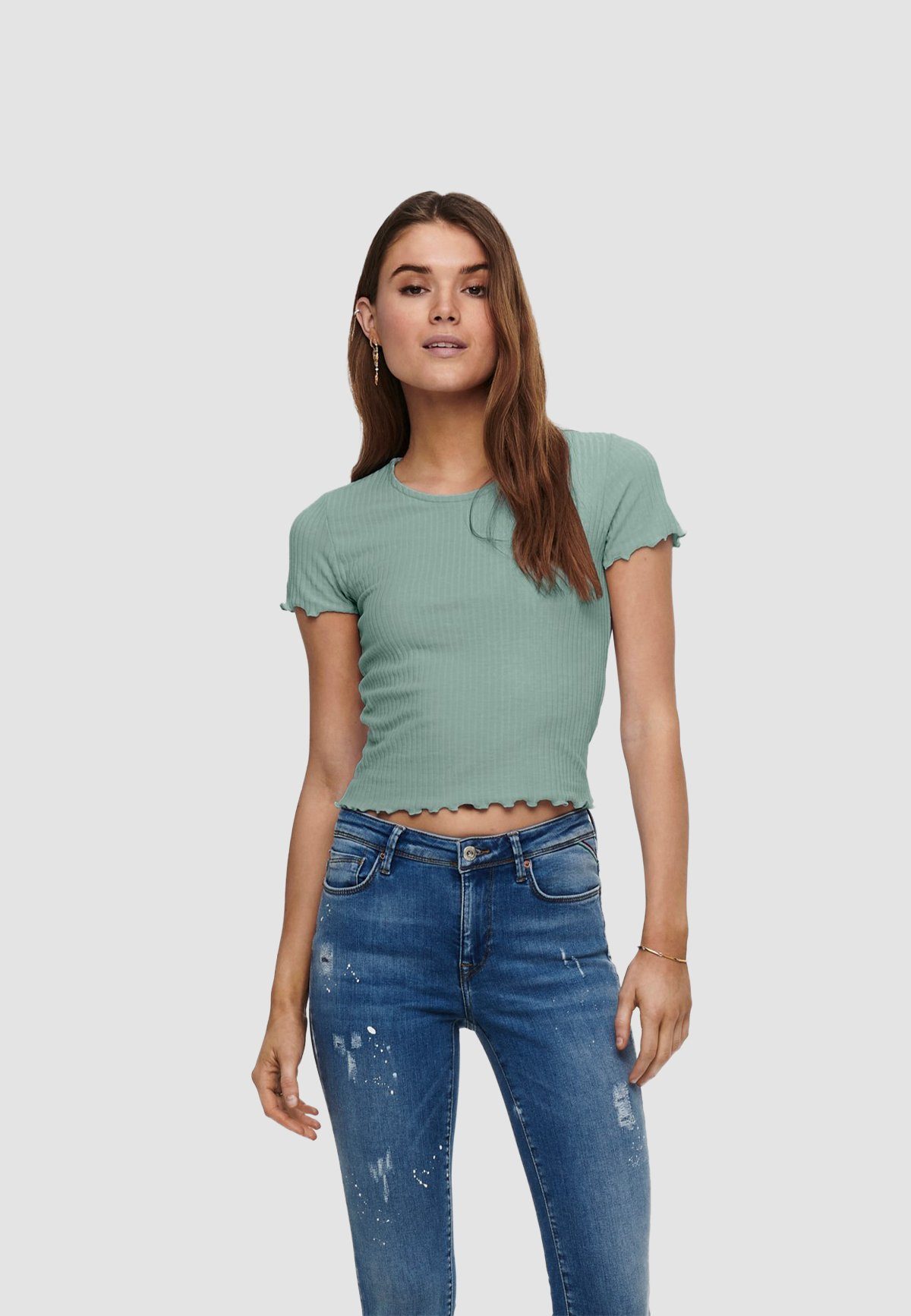 ONLY T-Shirt Gerippt Cropped Kurzes Rundhals günstig online kaufen