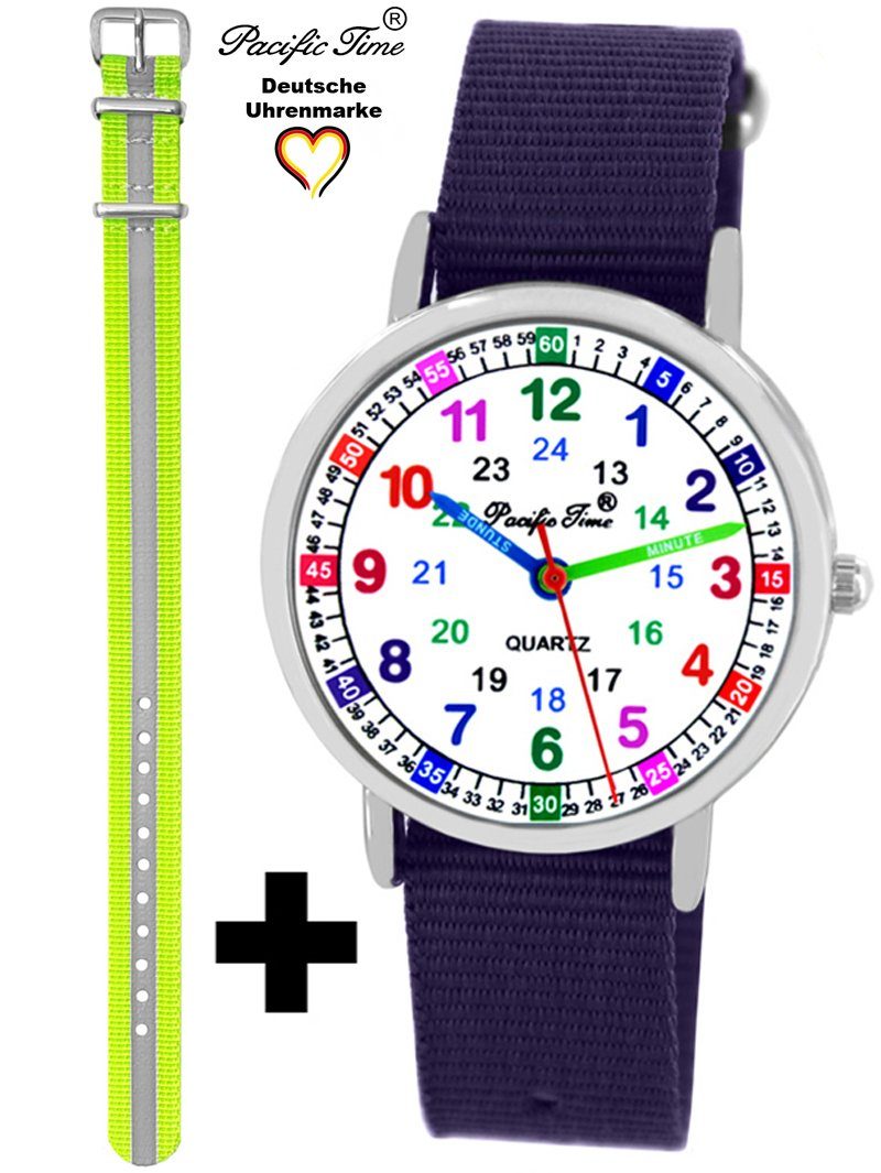 Pacific Time Quarzuhr Set Kinder Armbanduhr Lernuhr Wechselarmband, Mix und Match Design - Gratis Versand violett und Reflektor gelb