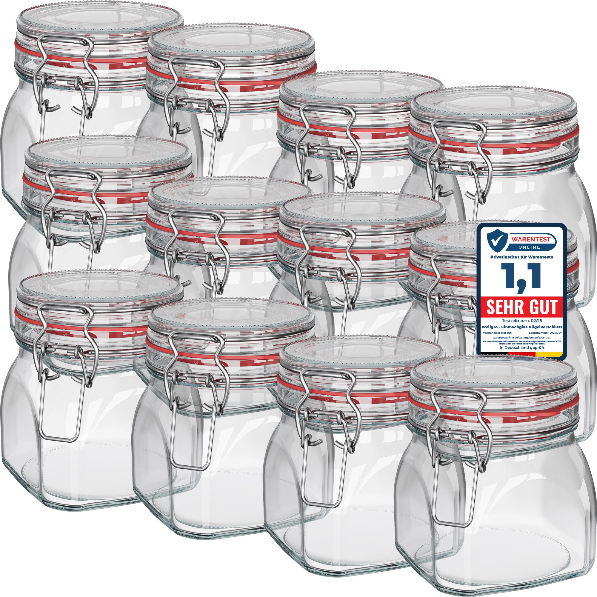 Wellgro Vorratsglas Einmachgläser mit Bügelverschluss eckig, Fermentierglas, (12-tlg)