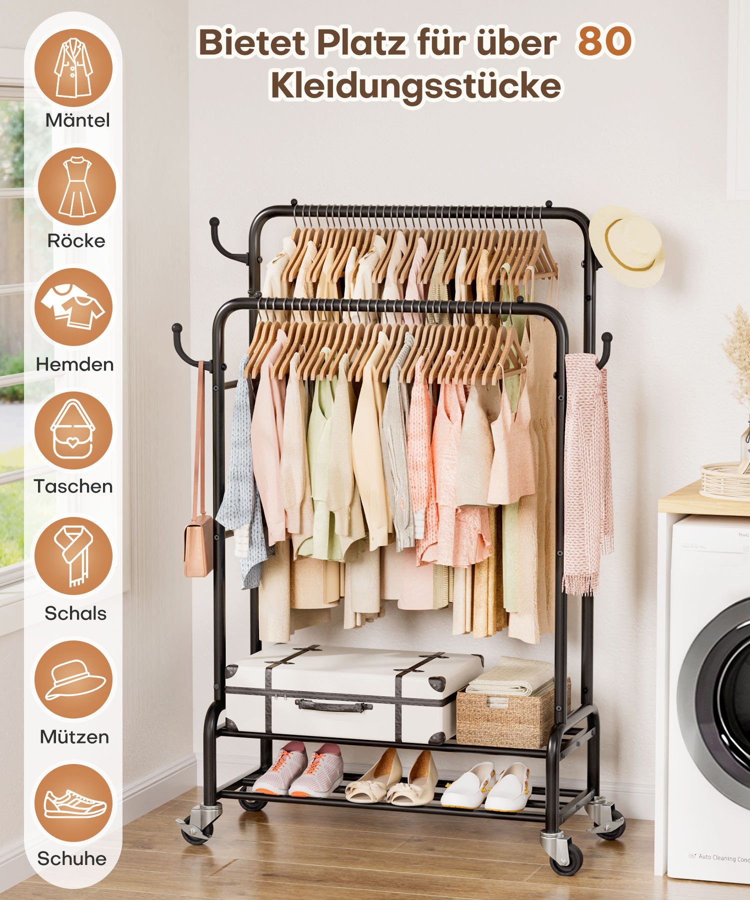 Yorbay Kleiderständer Doppelstange Garderobenständer auf Rollen, mit 2 Abla günstig online kaufen