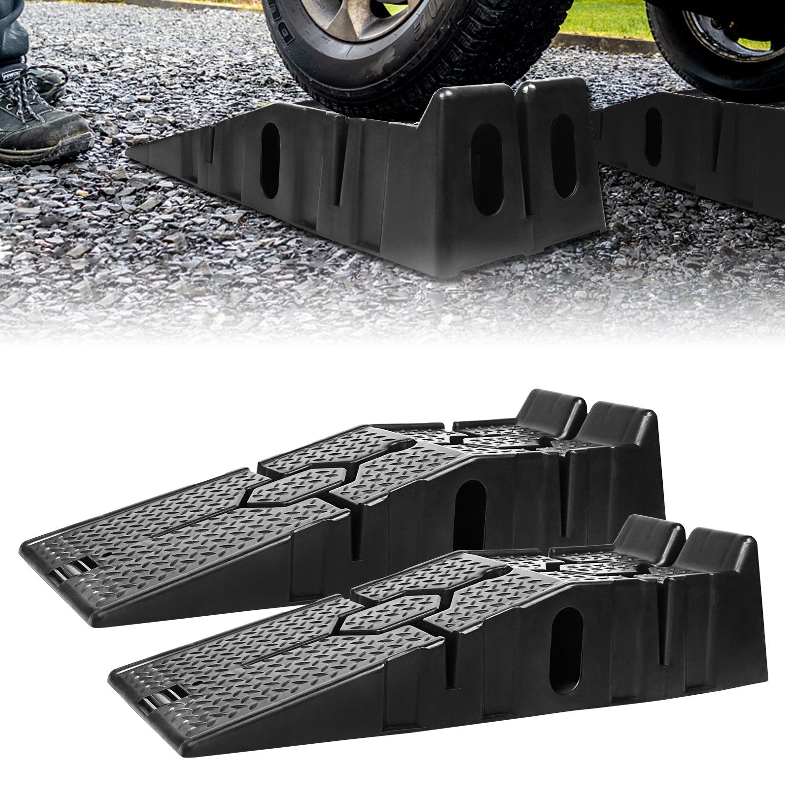 FIVMEN Auffahrrampe Kunststoff KFZ Rampe Set Auffahrt Plattform Hebebühne bis 2.5 Tonnen (2er Set), für Schwerere Fahrzeuge Pkw Auto