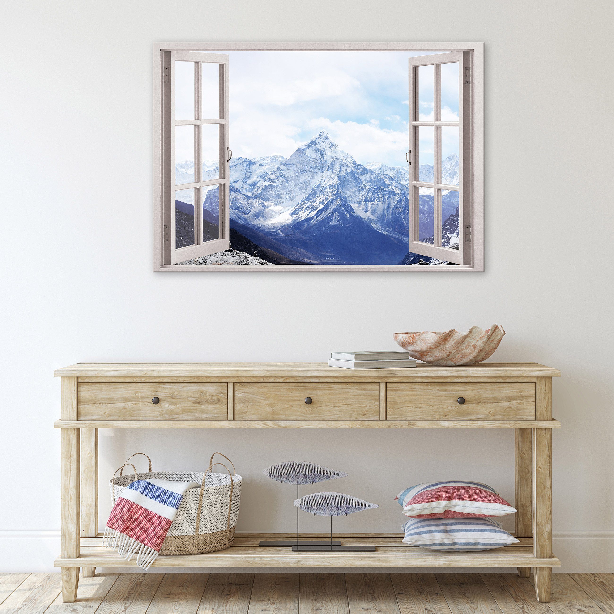 Wallarena Leinwandbild Fensterblick Natur Berge Alpen Blau Fenster Wandbild günstig online kaufen