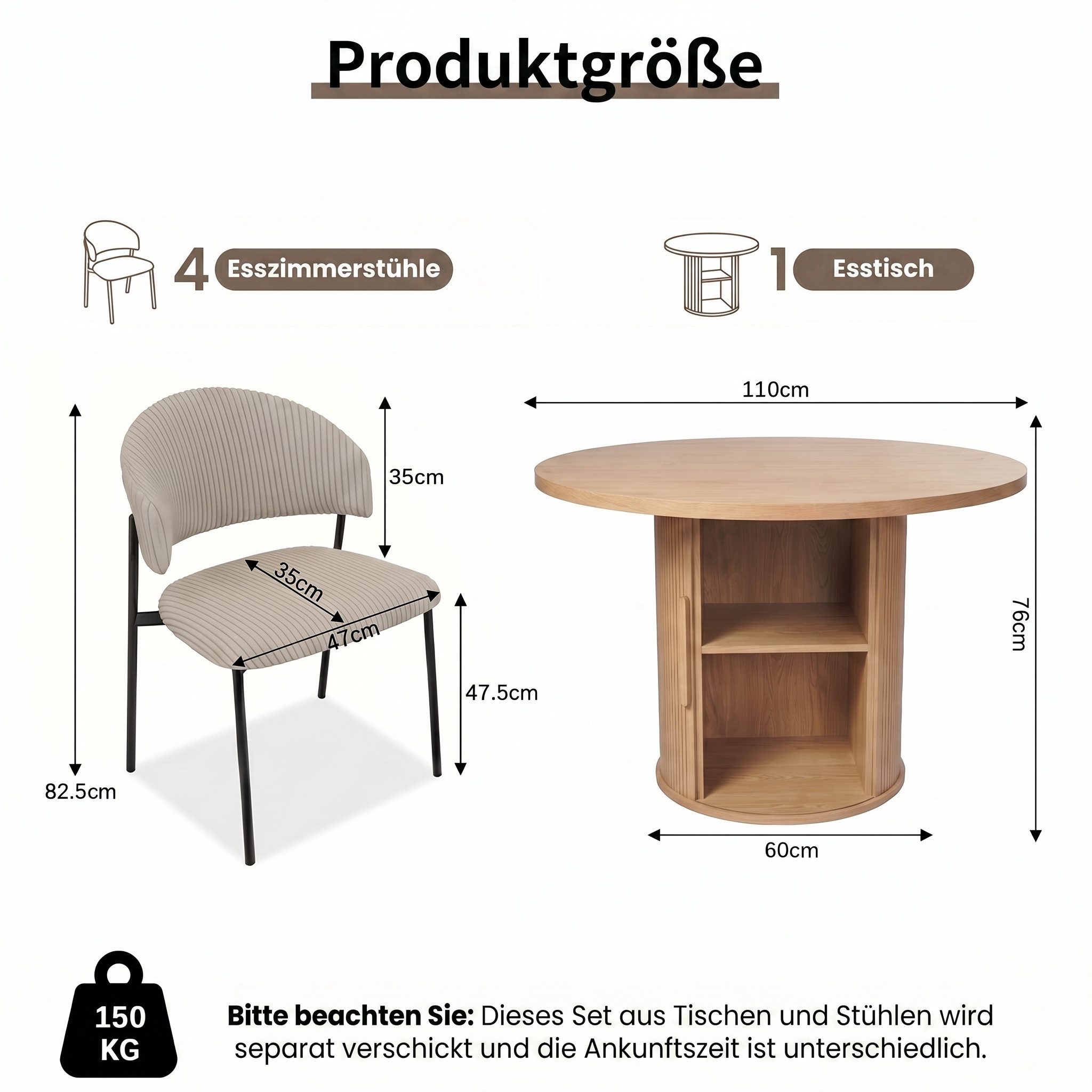 Jiexi Essgruppe Essgruppe rund Ø110cm MDF Eiche mit Stauraum & Cord-Stühlen – Bild 3 von 5