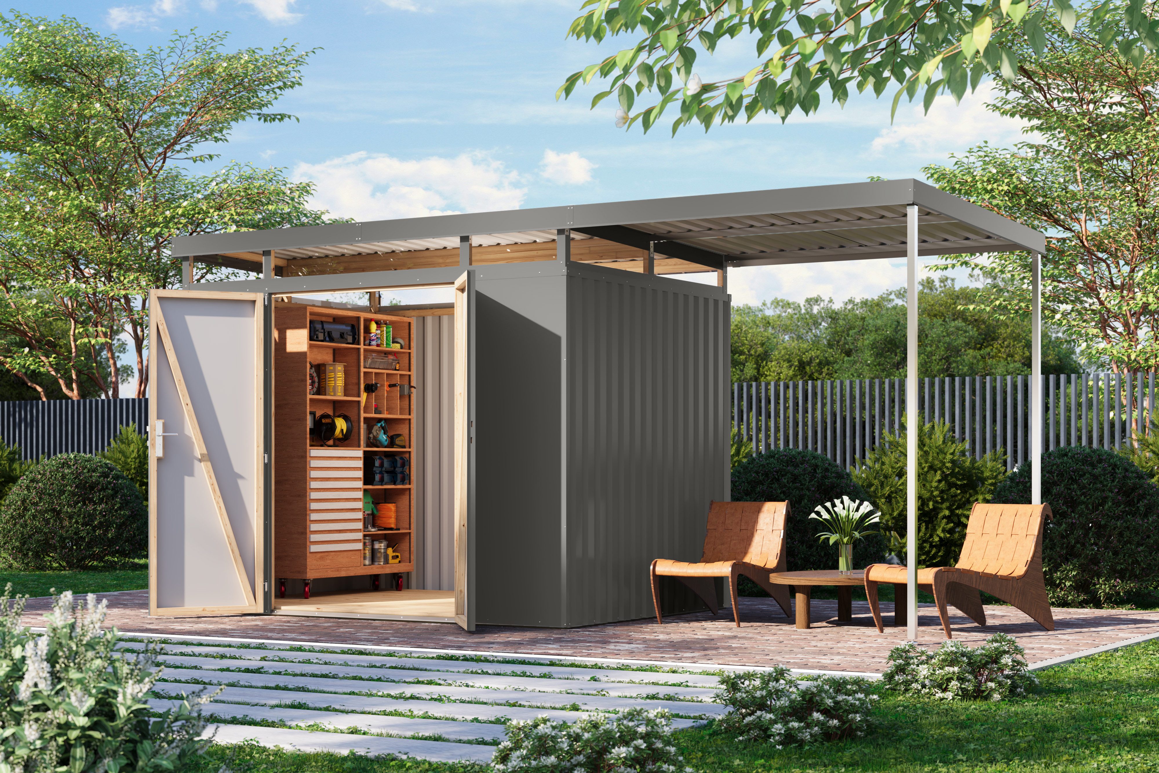 Karibu Gerätehaus Titanium 3 SET mit Anbaudach, BxT: 497x209 cm, Made in Germany