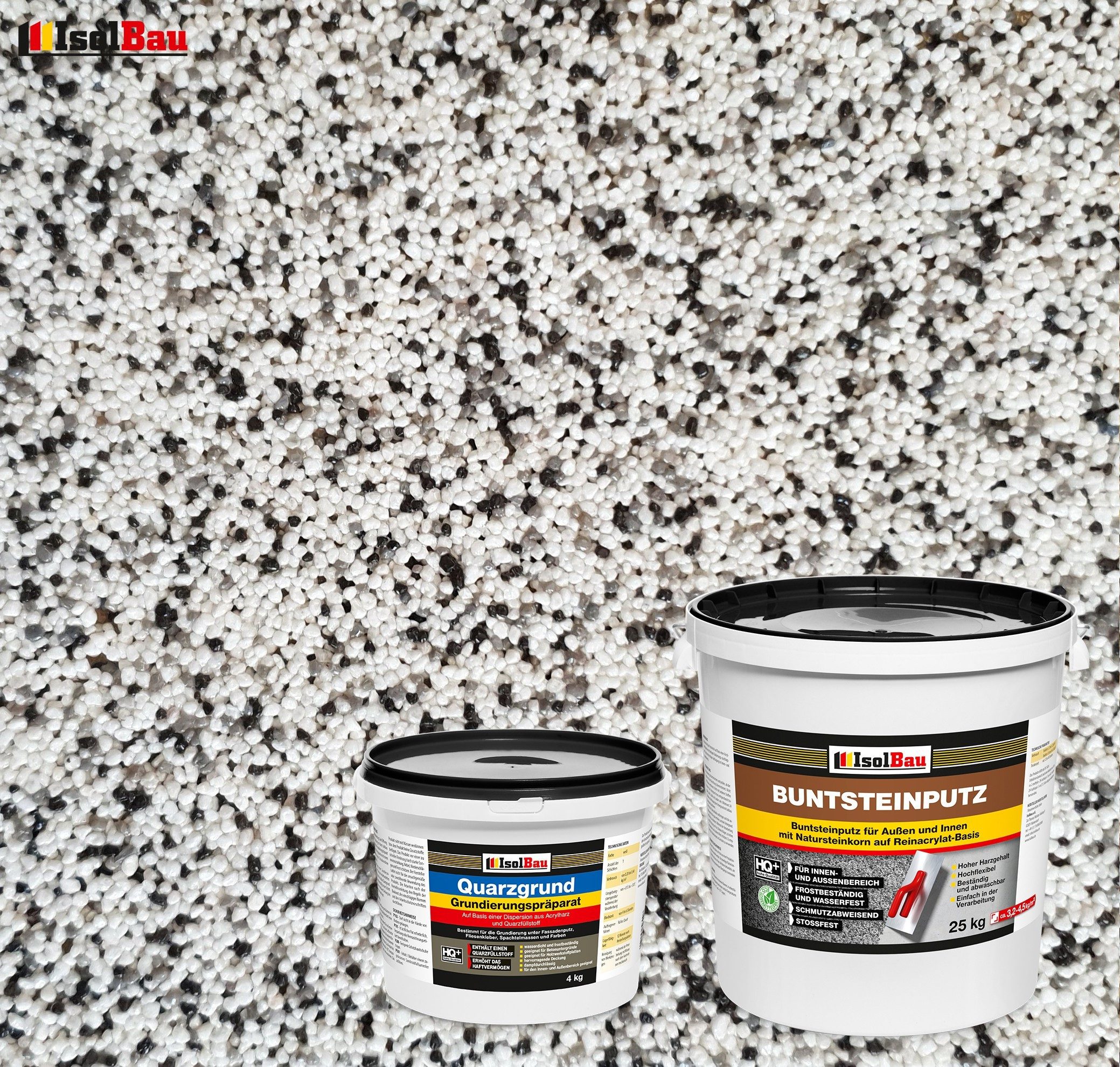 None Gipsputz Set Mosaikputz 25 kg Buntsteinputz BP10 Sockelputz + Quarzgrund 4 kg Körnung 1,8 mm; Trocknung 12–48h; Verbrauch 3,2–4,5 kg/m²