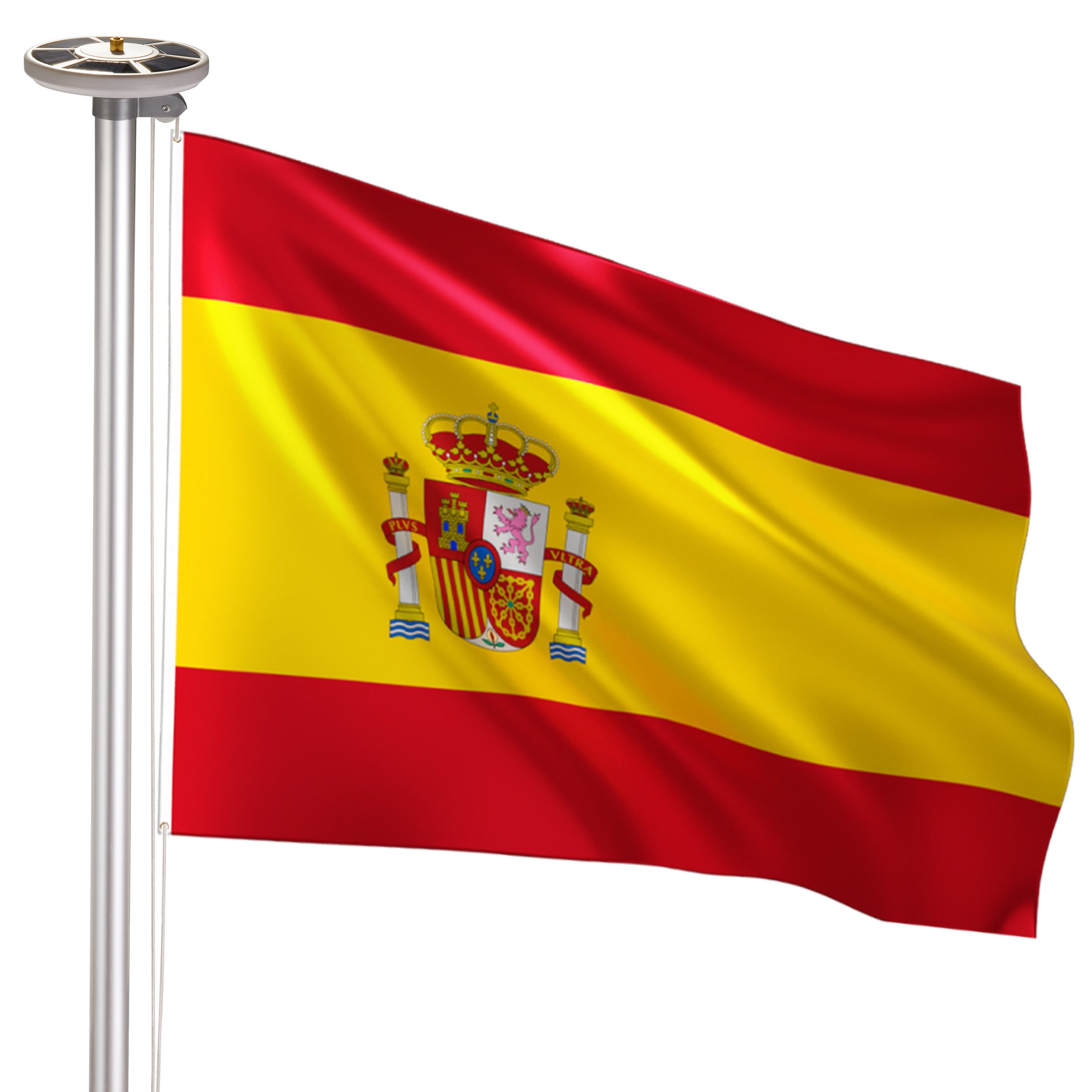 BRUBAKER Fahnenmast Aluminium Fahnenstange inkl. Spanien Flagge und Solar Fahnenmastlicht, (Solar-Energie Licht mit 26 LEDs - All-in-One Set), mit Bodenhülse und Spanischer Fahne 150 x 90 cm