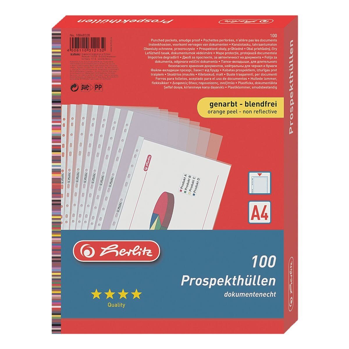 Herlitz Prospekthülle, 100 Stück, genarbt, Format A4, Eurolochung, oben offen