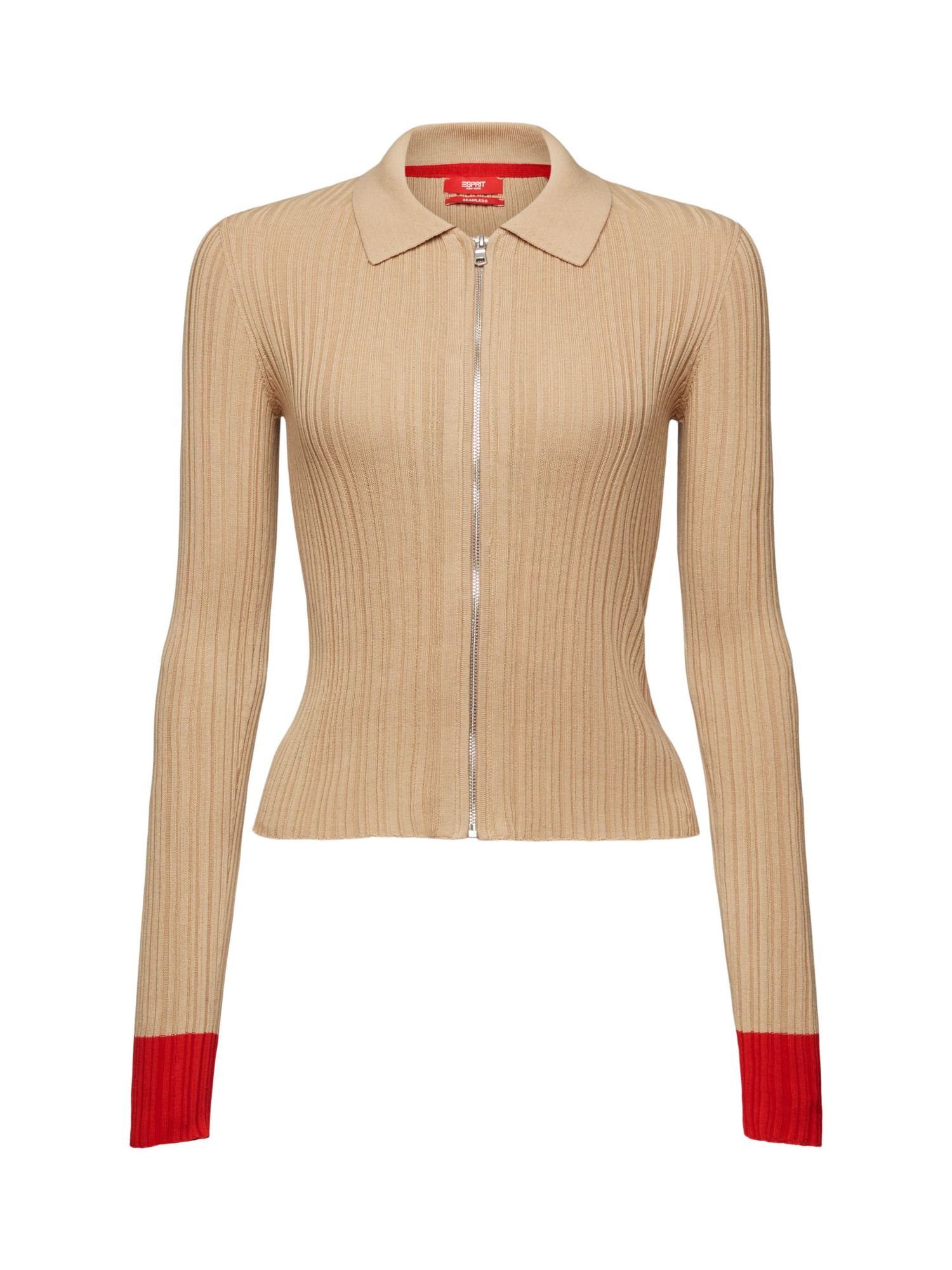 Nahtloser (1-tlg) Rippstrick-Cardigan BEIGE mit Polokragen Esprit Strickjacke SKIN