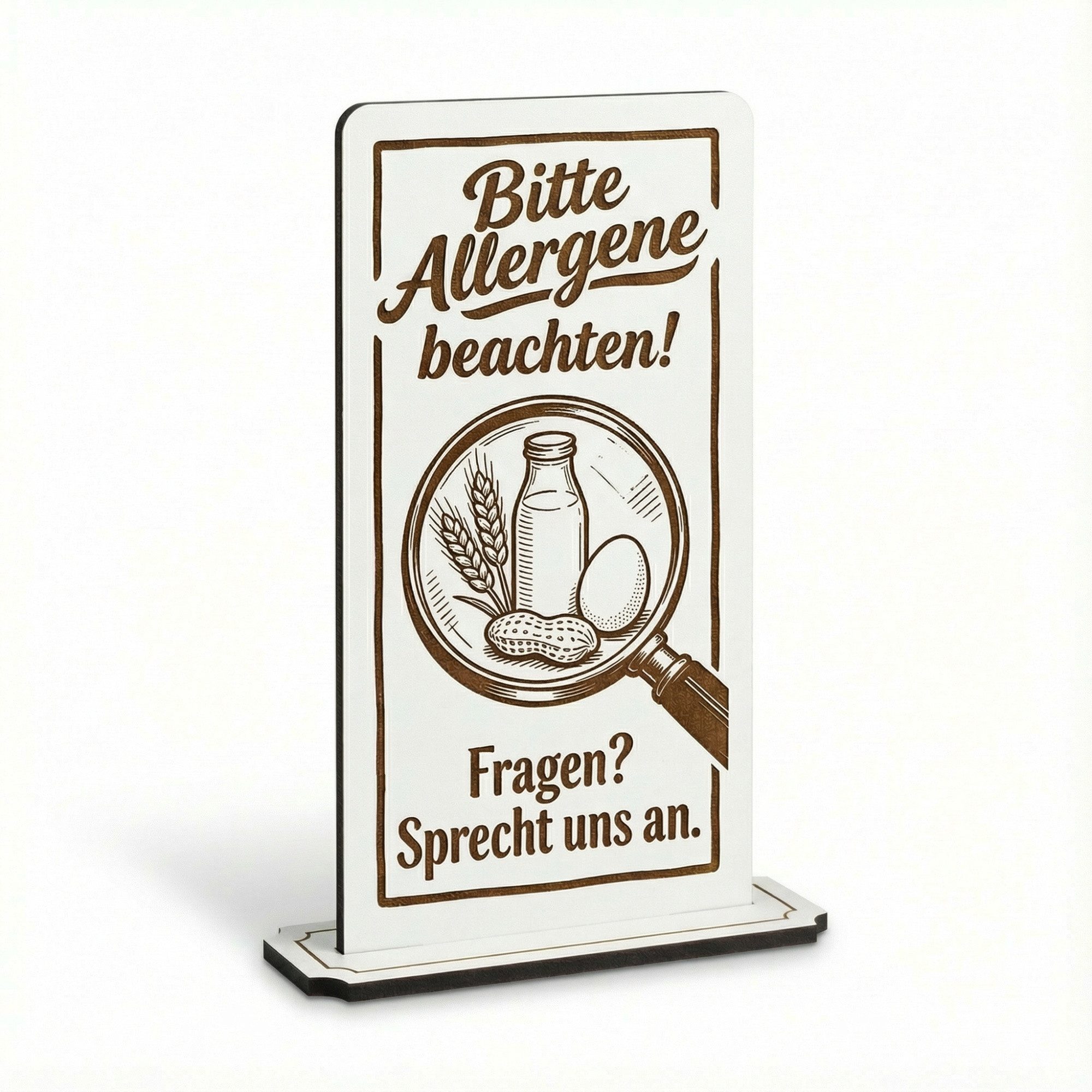 Dekolando Hinweisschild Aufsteller Schild „Bitte Allergene beachten! Fragen? Sprecht uns an.“