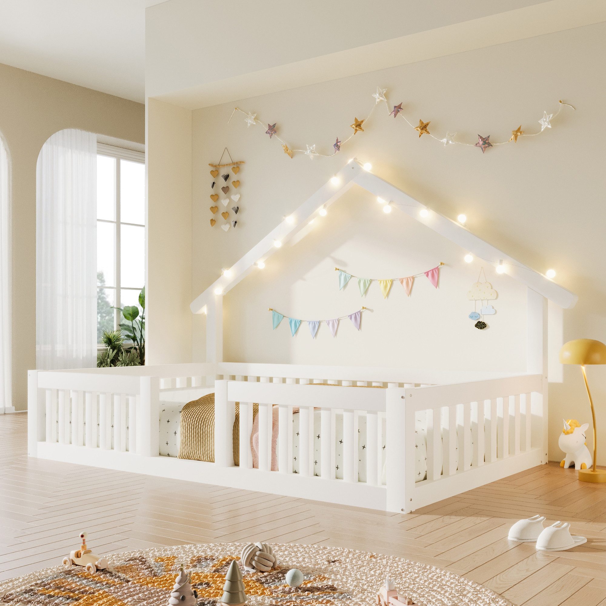 Flieks Kinderbett, Hausbett Bodenbett 90x200cm mit LED-Lichterkette ohne Lattenrost