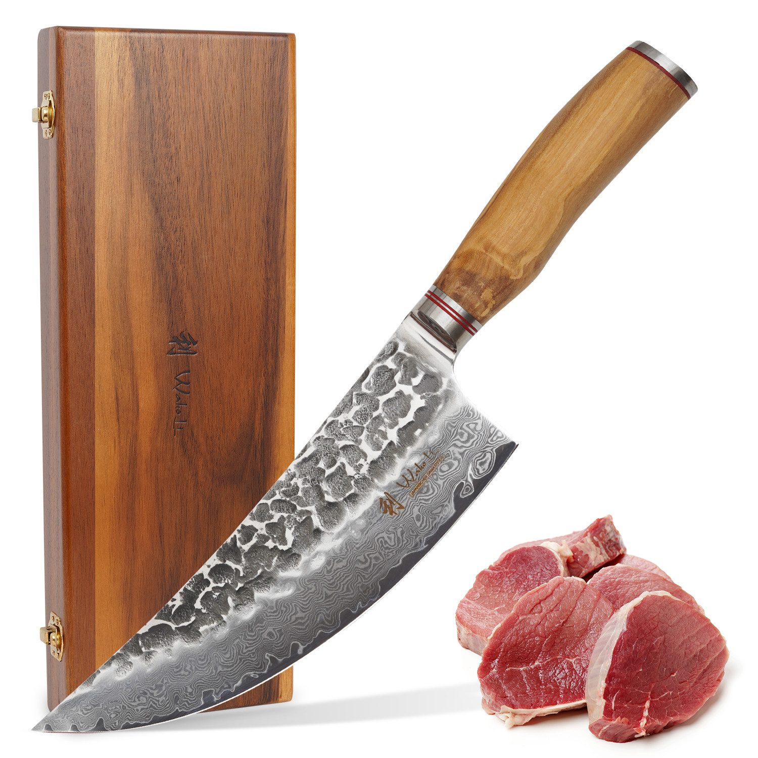 Wakoli Asiamesser Damast Kochmesser Küchenmesser 20 cm Klinge mit Hammerschlag, aus 67 Lagen Damaststahl, VG10