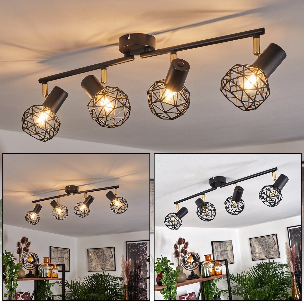 hofstein Deckenleuchte »Torano« 4-flammige Deckenlampe aus Metall in Schwarz und goldfarben, ohne Leuchtmittel, mit verstellbaren Gitterschirmen und Lichteffekt, E14
