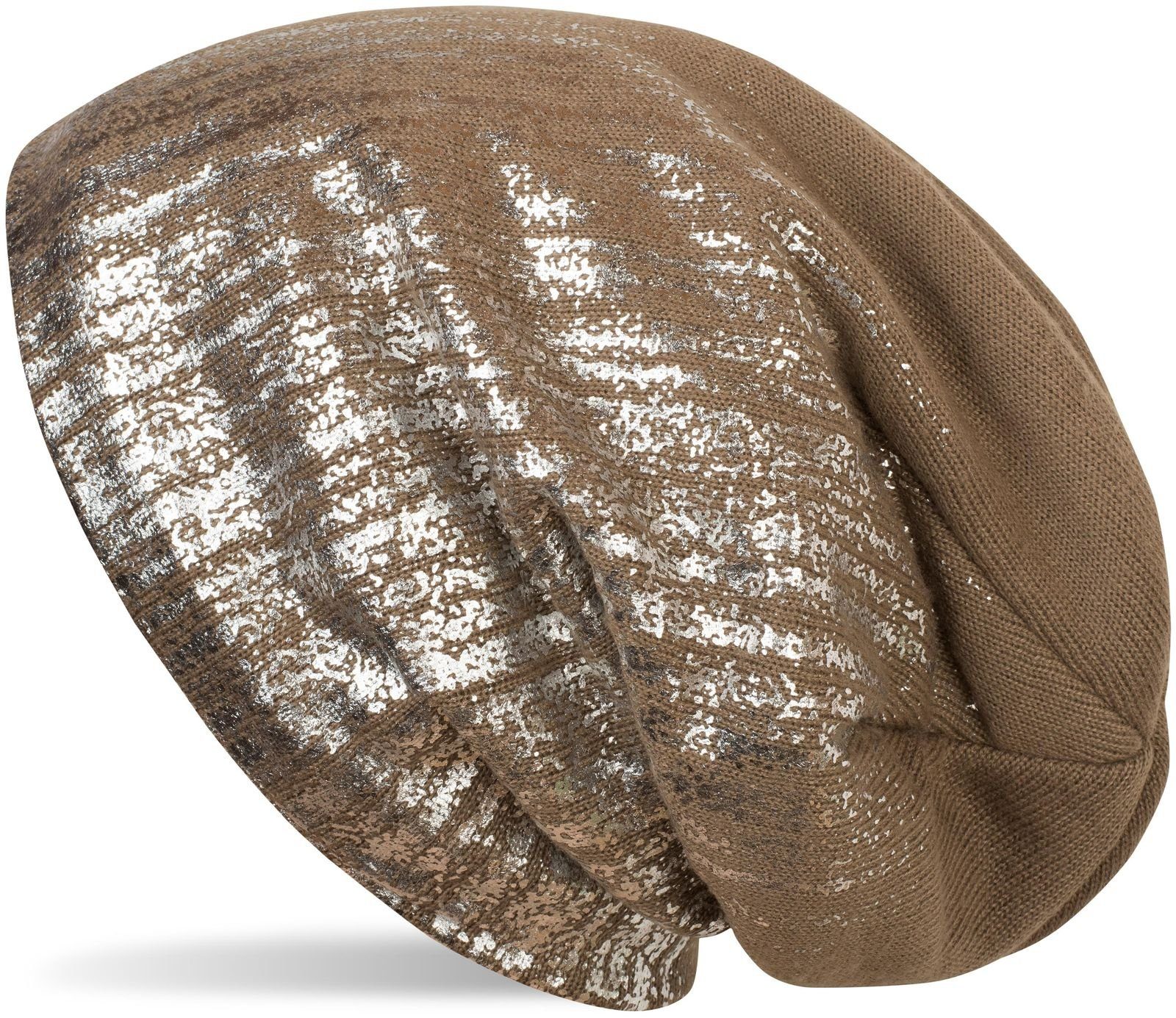 styleBREAKER Strickmütze (1-St) Feinstrick Metallic Silber mit Braun Print Beanie 