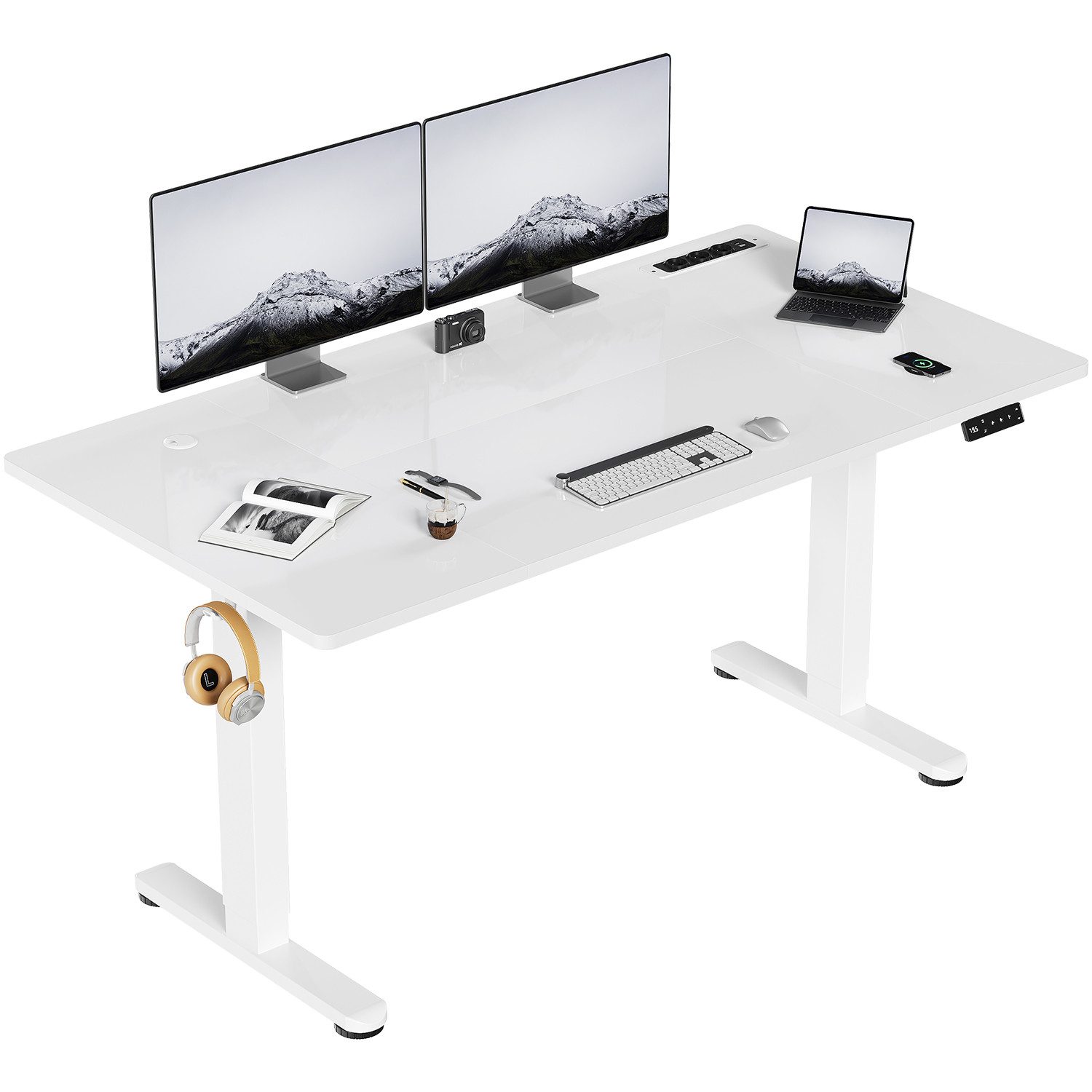 HOMALL Schreibtisch Höhenverstellbar mit 3-Buchsen und 2-USB-Ports mit kabellosem Laden (Verbreiterter Desktop 140*70cm 160/180*80cm, mit Kabelaufbewahrungsbox)