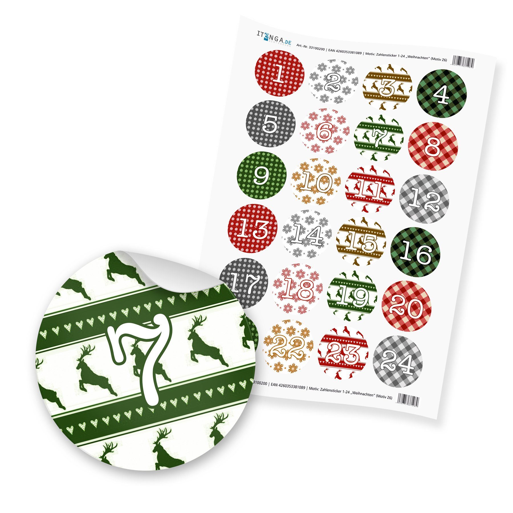 6 grün Set Adventskalender - Sticker Set Weihnachten Basteladventskalender rot befüllbarer itenga