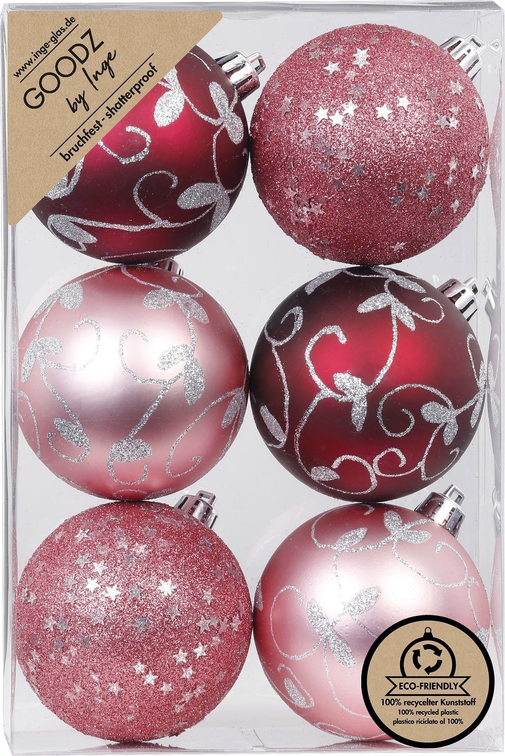 INGE-GLAS® Christbaumschmuck Inge's Weihnachtskugeln 6 Stück 8 cm Berry, Kunststoff, bruchfest, Baumdekoration, Baumschmuck, Weihnachtsdekoration
