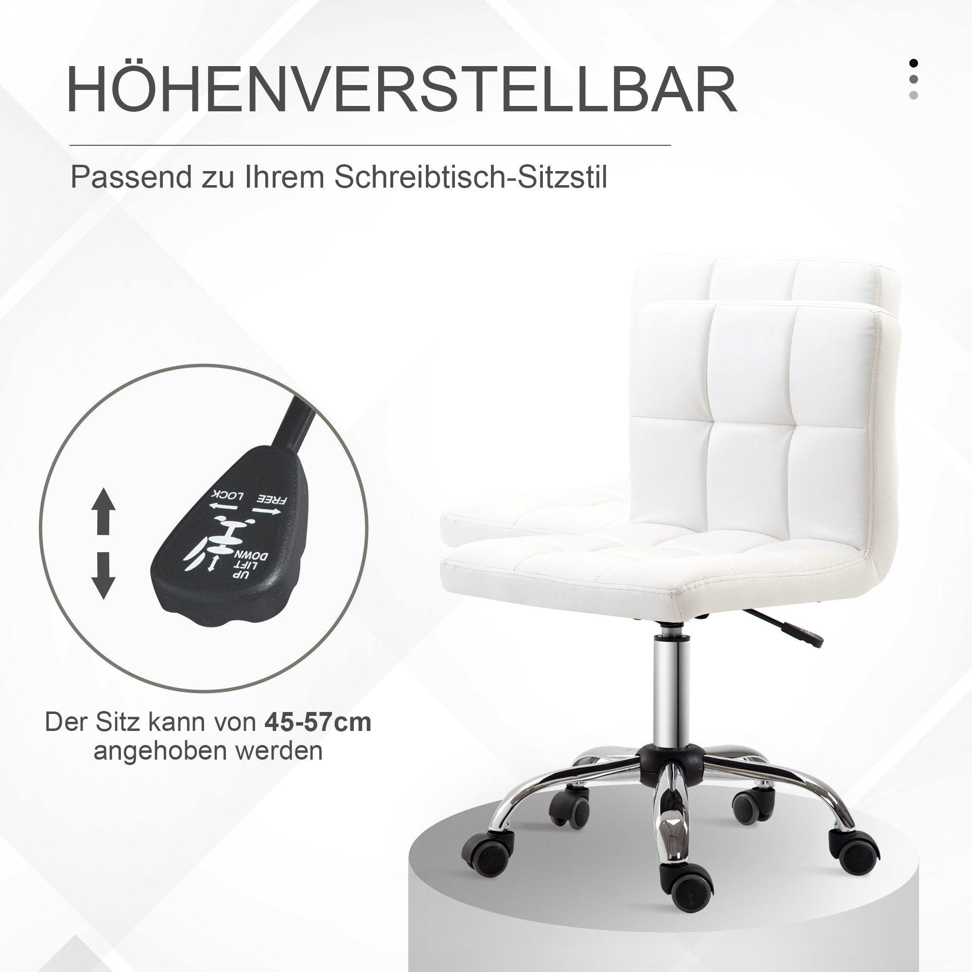 HOMCOM Bürostuhl Ergonomischer Höhenverstellbarer Drehstuhl (Schreibtischstuhl, 1 St), mit 5 Nylonrädern, für Büro, Arbeitszimmer, Weiß – Bild 4 von 5
