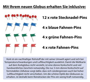 Feinknick Globus Drehbarer Korkglobus mit 54 unterschiedlichen Pinnadeln, Globus aus Kork 25cm hoch als ideale Geschenkidee