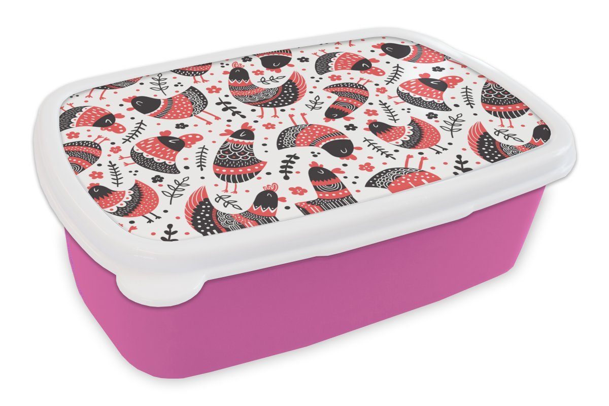 MuchoWow Lunchbox Vogel - Huhn - Muster, Kunststoff, (2-tlg), Brotbox für Erwachsene, Brotdose Kinder, Snackbox, Mädchen, Kunststoff rosa