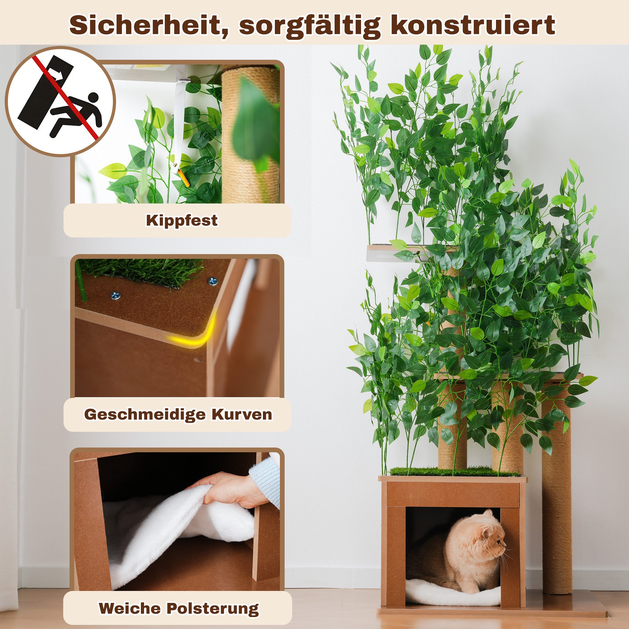 Flieks Kratzbaum PETLOVE, Katzenbaum mit Katzenlöchern und 3 Plattformen, 60x45x158cm