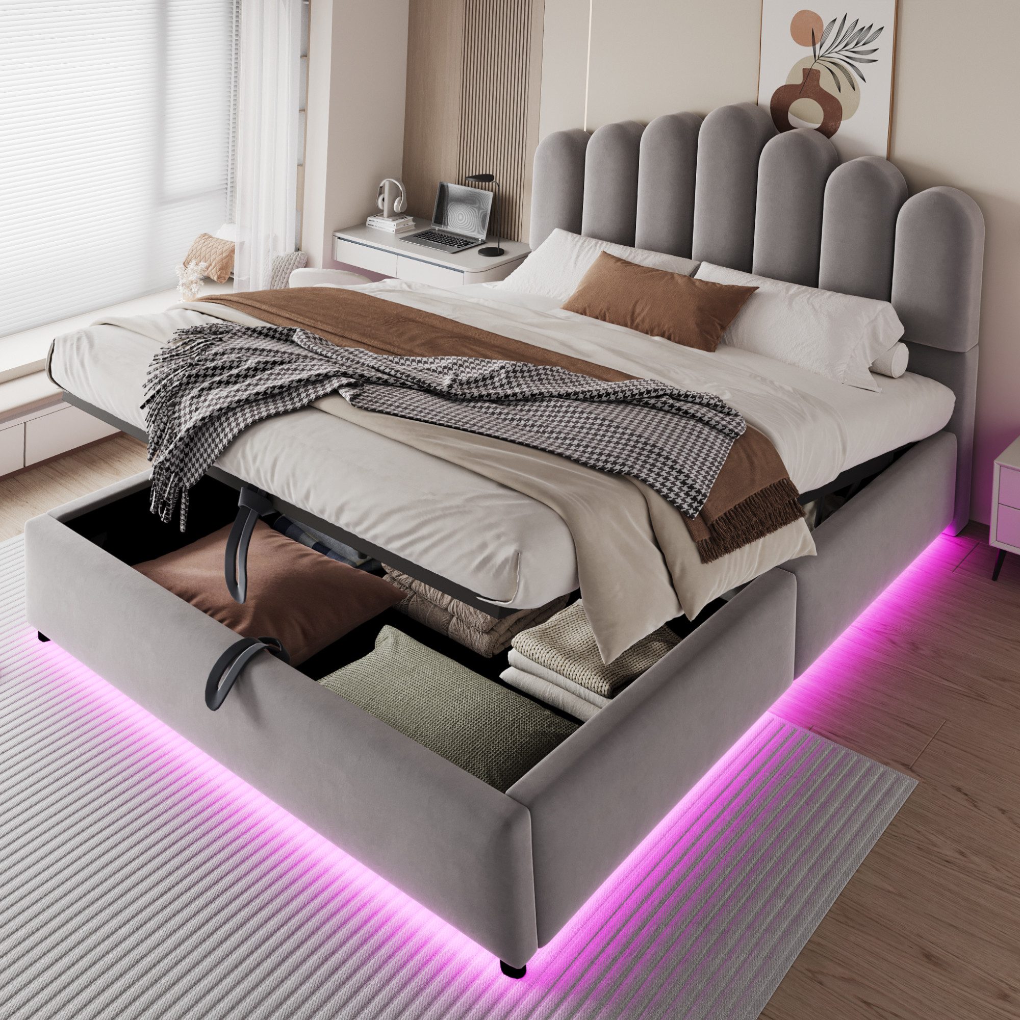 Merax Polsterbett mit LED-Beleuchtung, Stauraumbett aus Samt (1-tlg), Doppelbett 140x200cm mit hydraulischem Bettkasten,voluminösem Kopfteil