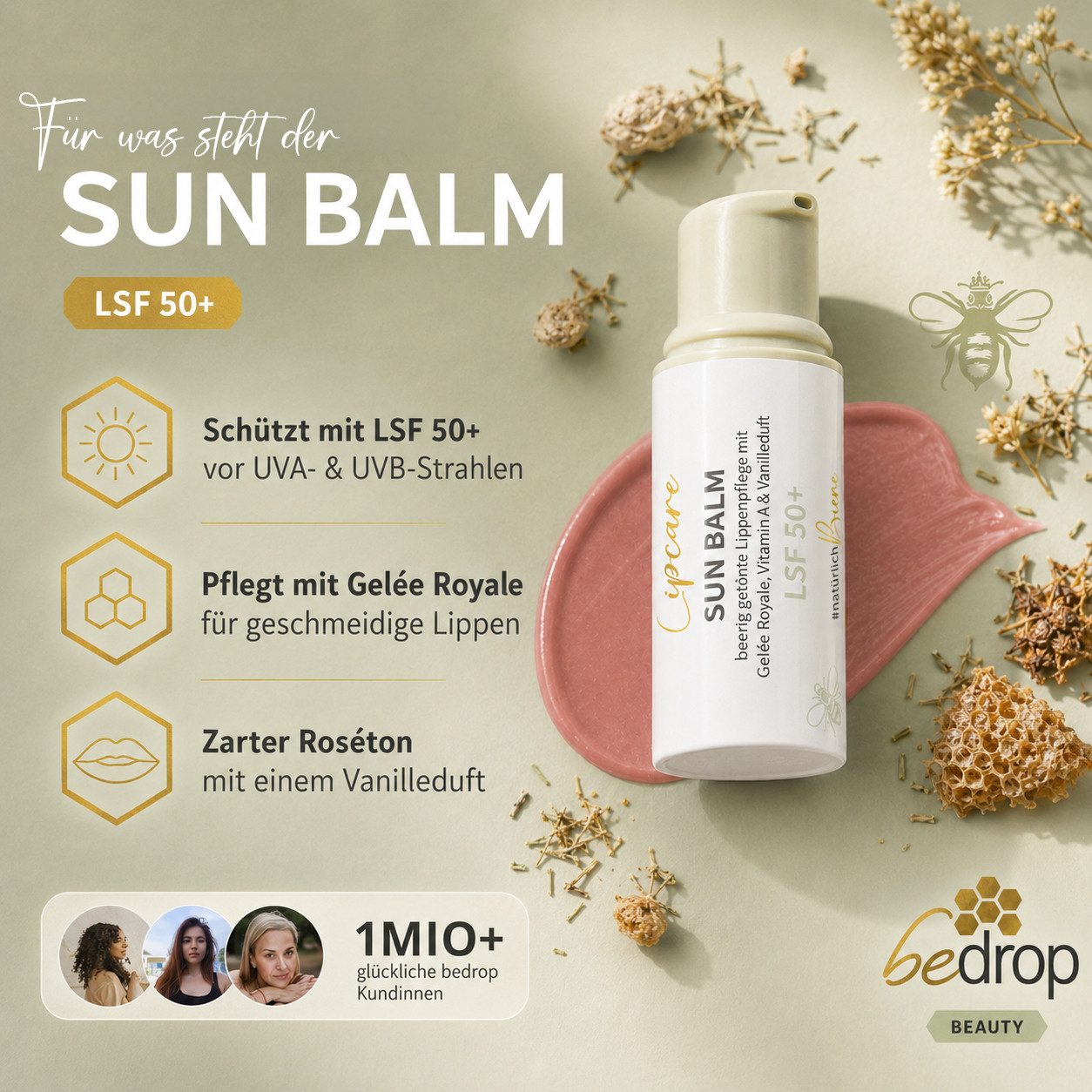 bedrop Lippenbalsam SUN BALM LSF 50+ - getönter Lippenpflegebalsam mit Gelée Royale, beerig getönte Lippenpflege mit Gelée Royale, Vitamin A & Vanilleduft