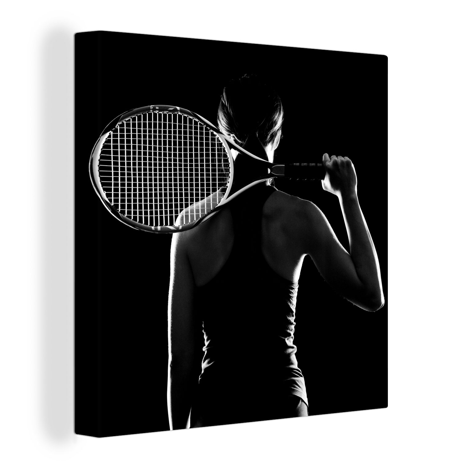 OneMillionCanvasses® Leinwandbild Tennisspieler auf schwarzem Hintergrund - schwarz und weiß, (1 St), Leinwand Bilder für Wohnzimmer Schlafzimmer