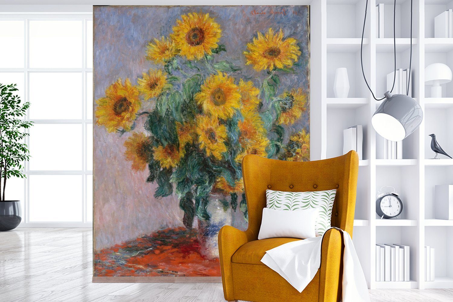 Fototapete Küche, Schlafzimmer Monet, Claude - Gemälde Sonnenblumen Fototapete von für bedruckt, St), mit Blumenstrauß MuchoWow Vliestapete Matt, (3 Wohnzimmer