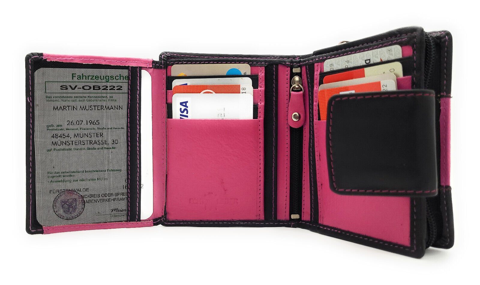 Portemonnaie pink Nappaleder, mit Platz, Lemasi Außenriegel, viel echt Leder Damen schwarz Geldbörse