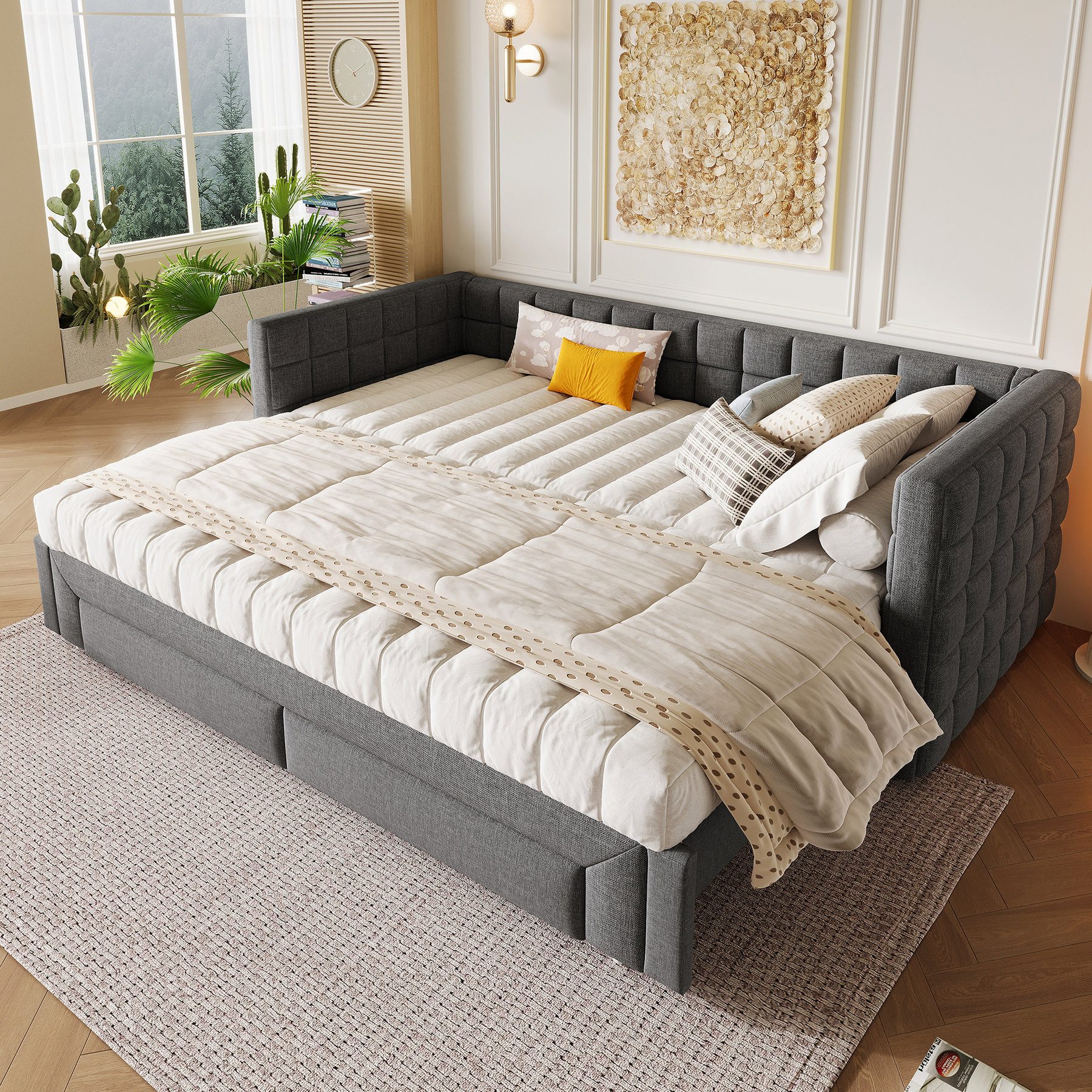 Odikalo Schlafsofa Schlafcouch Tagesbett Daybett 90/180x200 mit Schubladen, Sofabett mit quadratischer Rückenlehne ausziehbares Bett (ausziehbar auf 180 Queensize) 2 Schubladen ohne Matratze