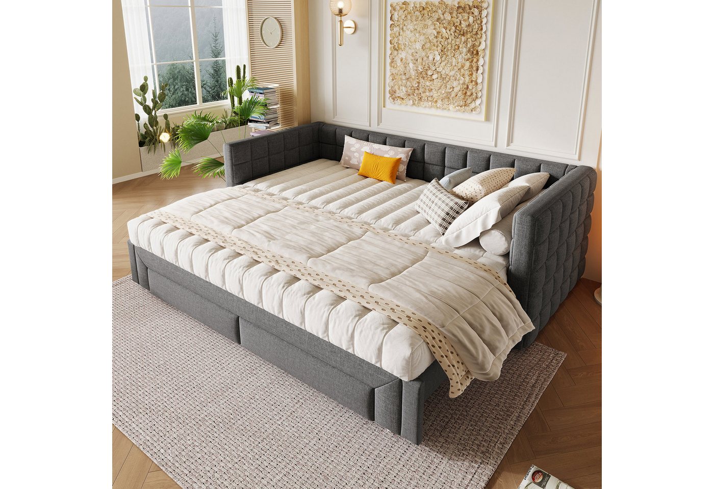 Odikalo Schlafsofa Schlafcouch Tagesbett Daybett 90/180x200 mit Schubladen, Sofabett mit quadratischer Rückenlehne ausziehbares Bett (ausziehbar auf 180 Queensize) 2 Schubladen ohne Matratze