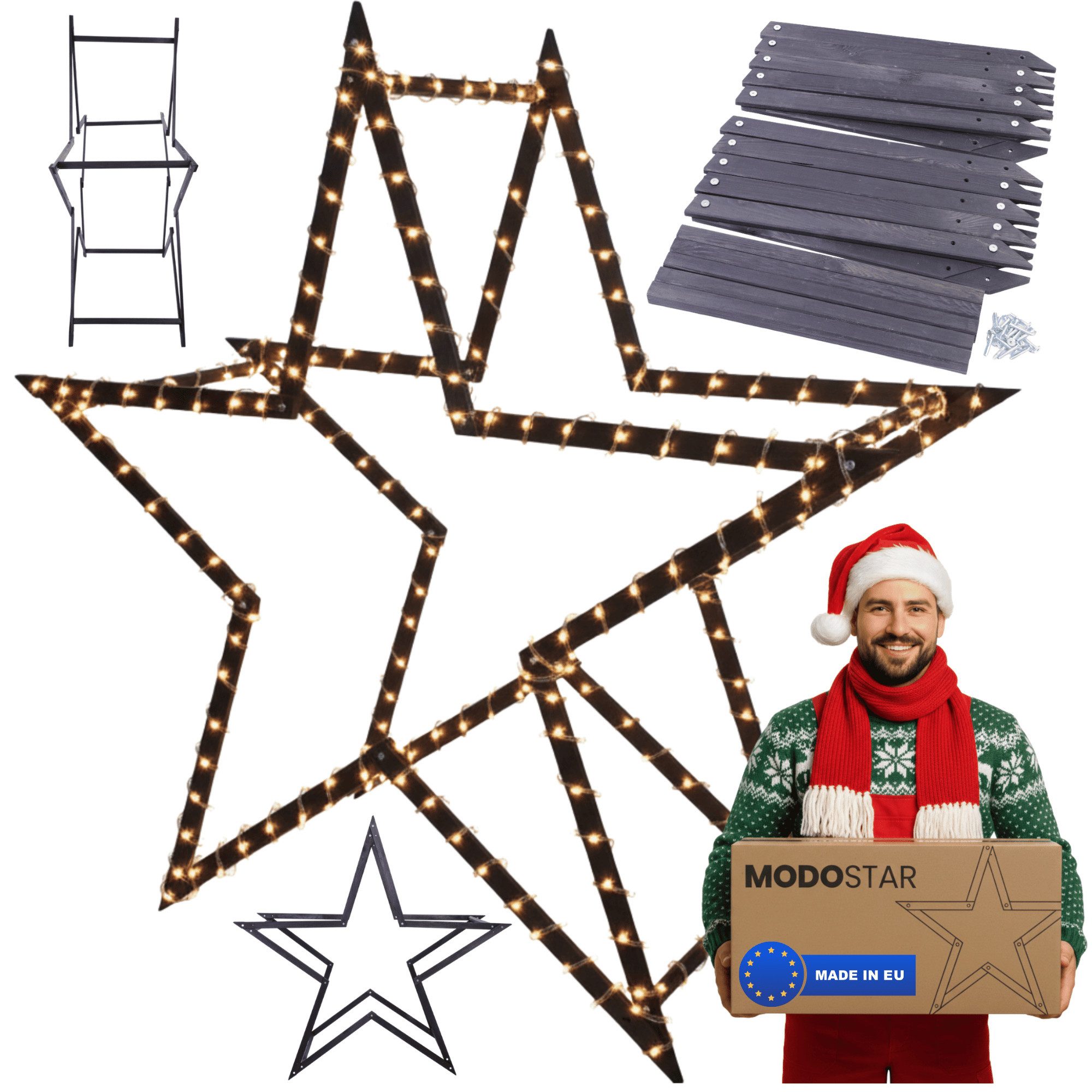 Modo24 Dekostern DIY MODOSTAR Weihnachtsstern Set aus FSC Holz 2D und 3D in 3 Breiten, zum Garten & Terrasse, wetterfest, faltbar & stabil, Weihnachtsdeko