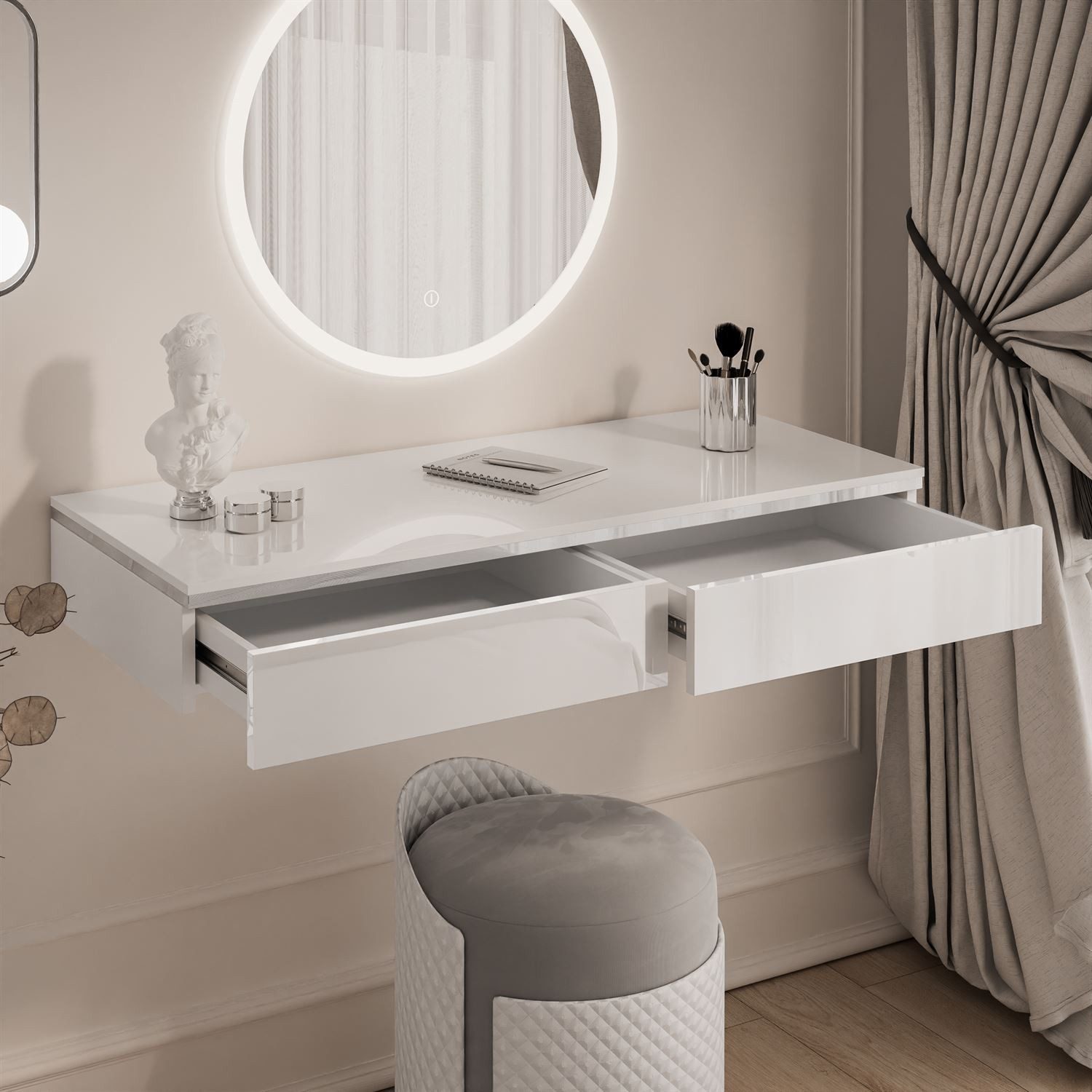Lookway Schminktisch AURORA SILVER Hängender Kosmetiktisch mit Spiegel (1x Konsole und 1x Spiegl), Breite: 102 cm, Höhe: 15 cm, Tiefe: 43,6 cm – Bild 4 von 5