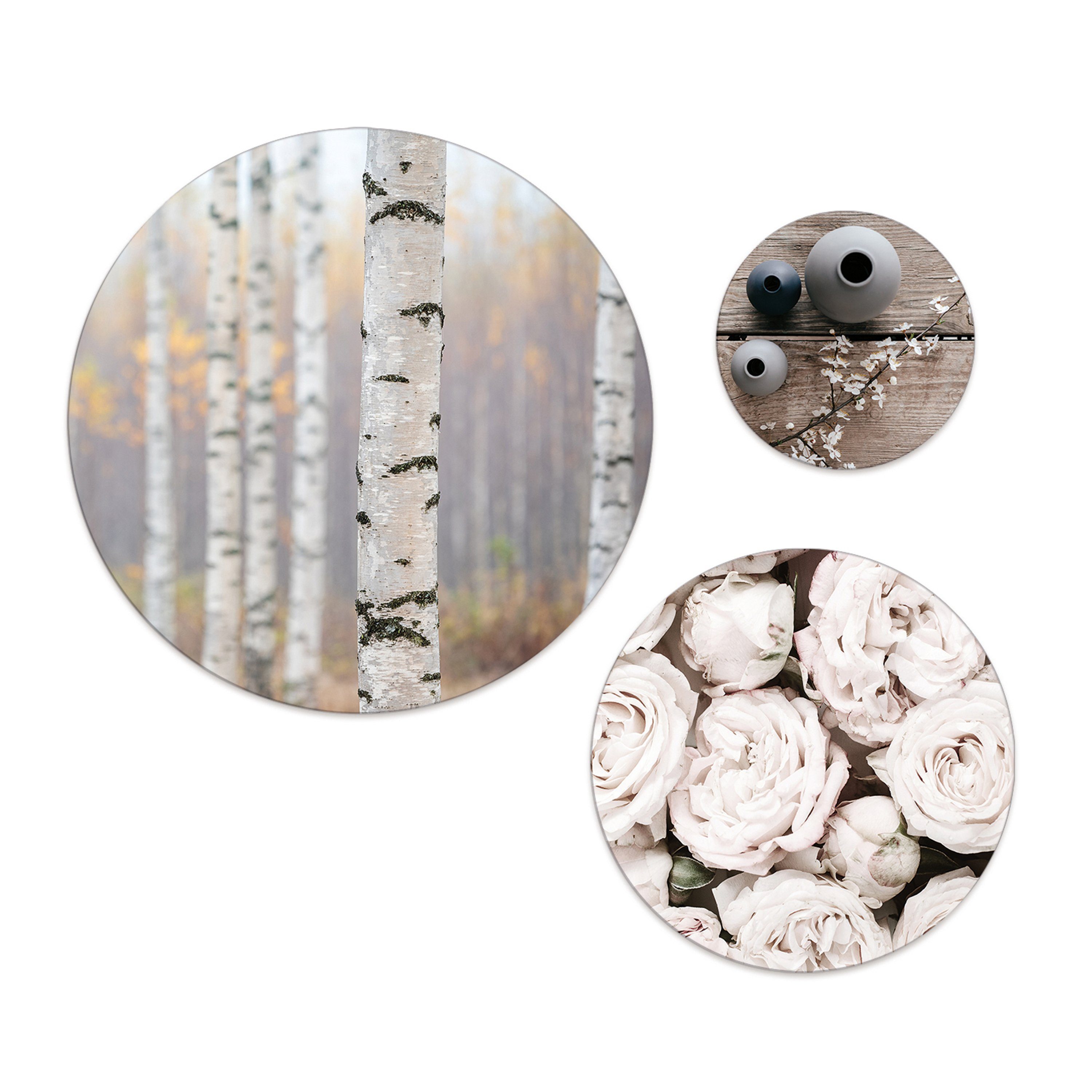 artissimo Mehrteilige Bilder Bilder-Set 3-teilig 55/40/25 cm runde Wandbilder - Wanddeko beige, Natur: Wald und Blumen